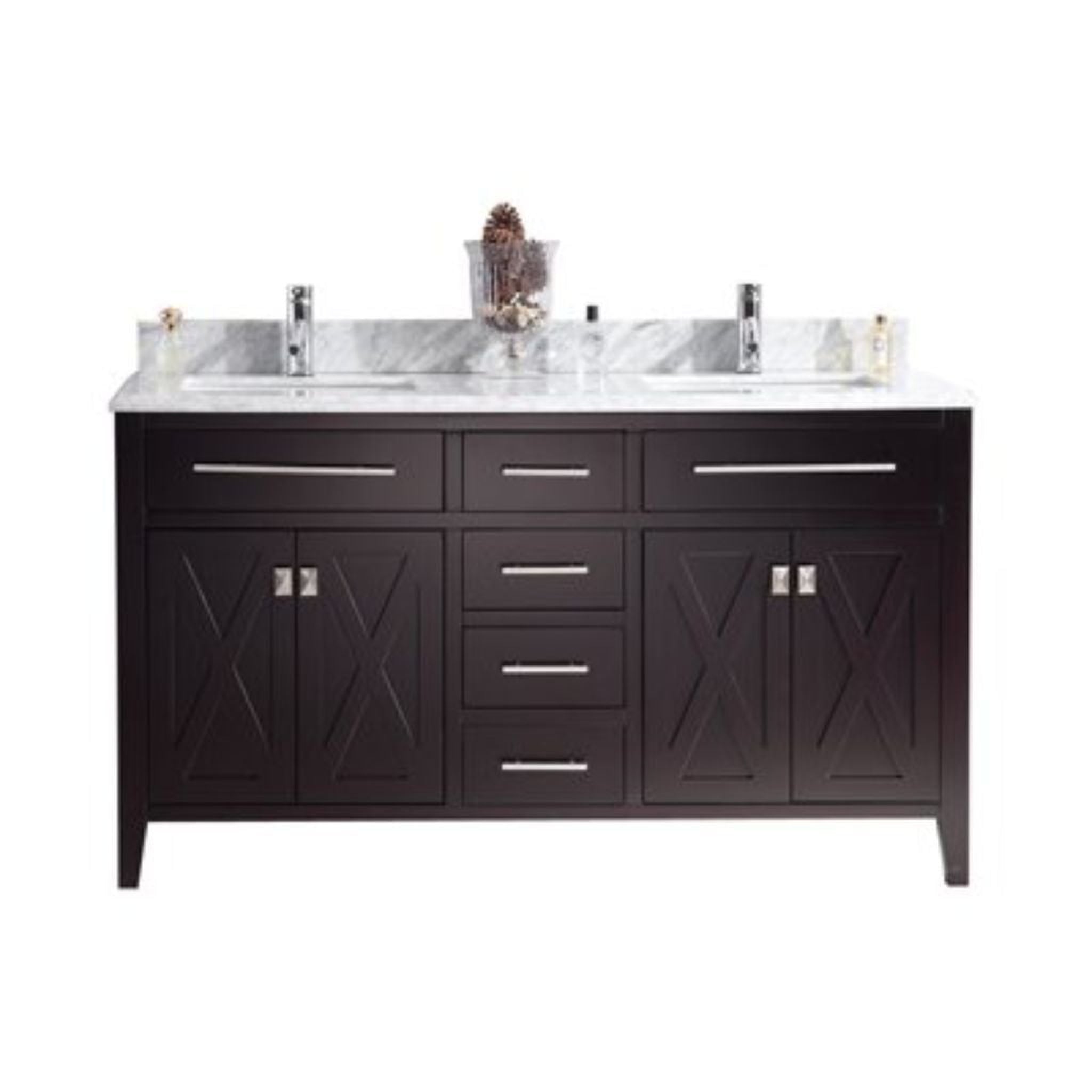 Laviva, Laviva Wimbledon 60" Brown Vanity Base and White Carrara Marble Countertop With Double Rectangular Ceramic Sinks