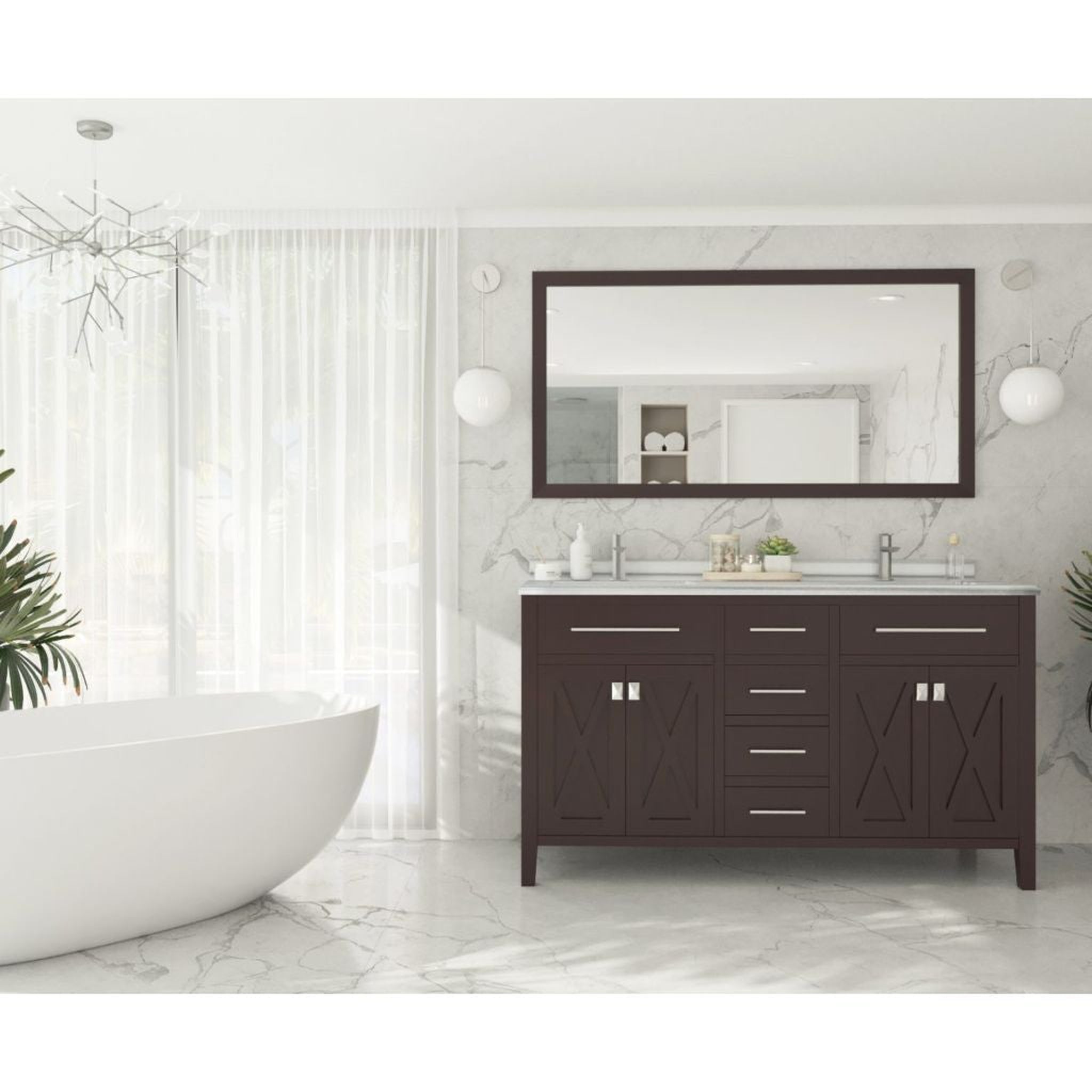 Laviva, Laviva Wimbledon 60" Brown Vanity Base and White Stripes Marble Countertop With Double Rectangular Ceramic Sinks