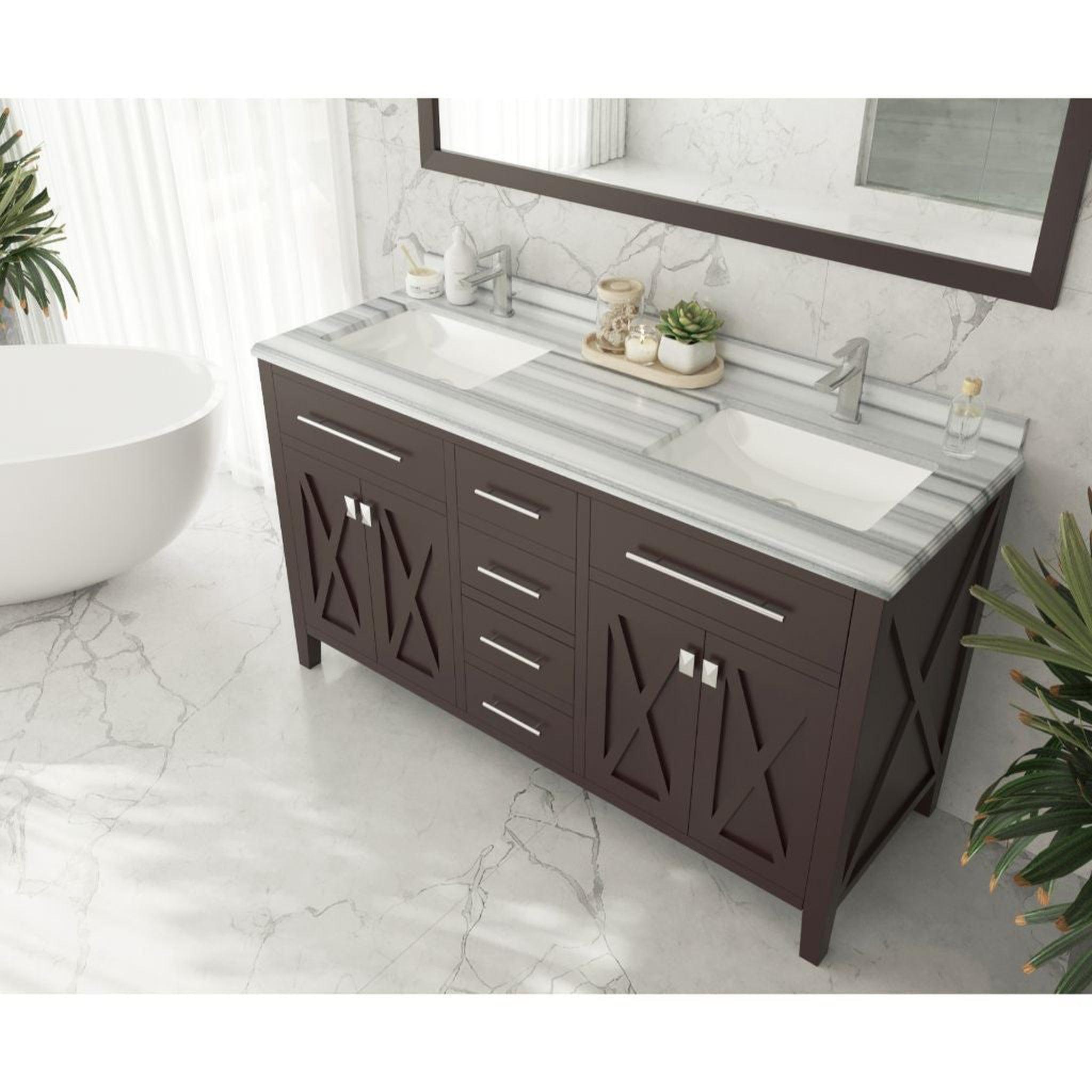 Laviva, Laviva Wimbledon 60" Brown Vanity Base and White Stripes Marble Countertop With Double Rectangular Ceramic Sinks