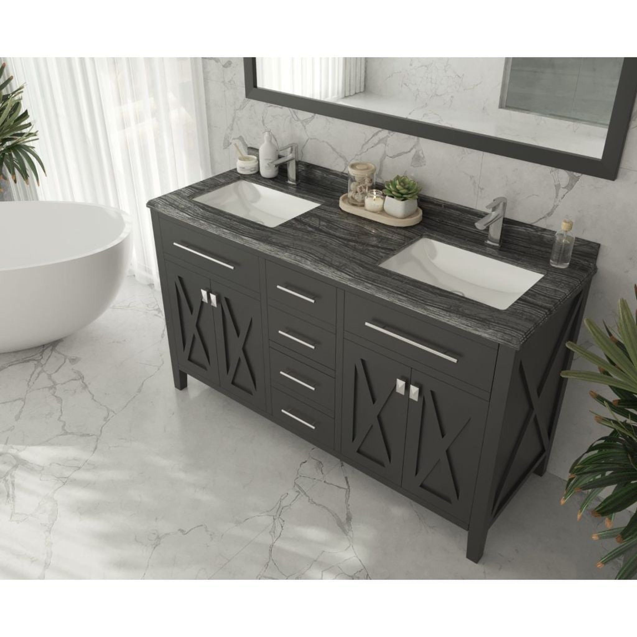 Laviva, Laviva Wimbledon 60" Espresso Vanity Base and Black Wood Marble Countertop With Double Rectangular Ceramic Sinks