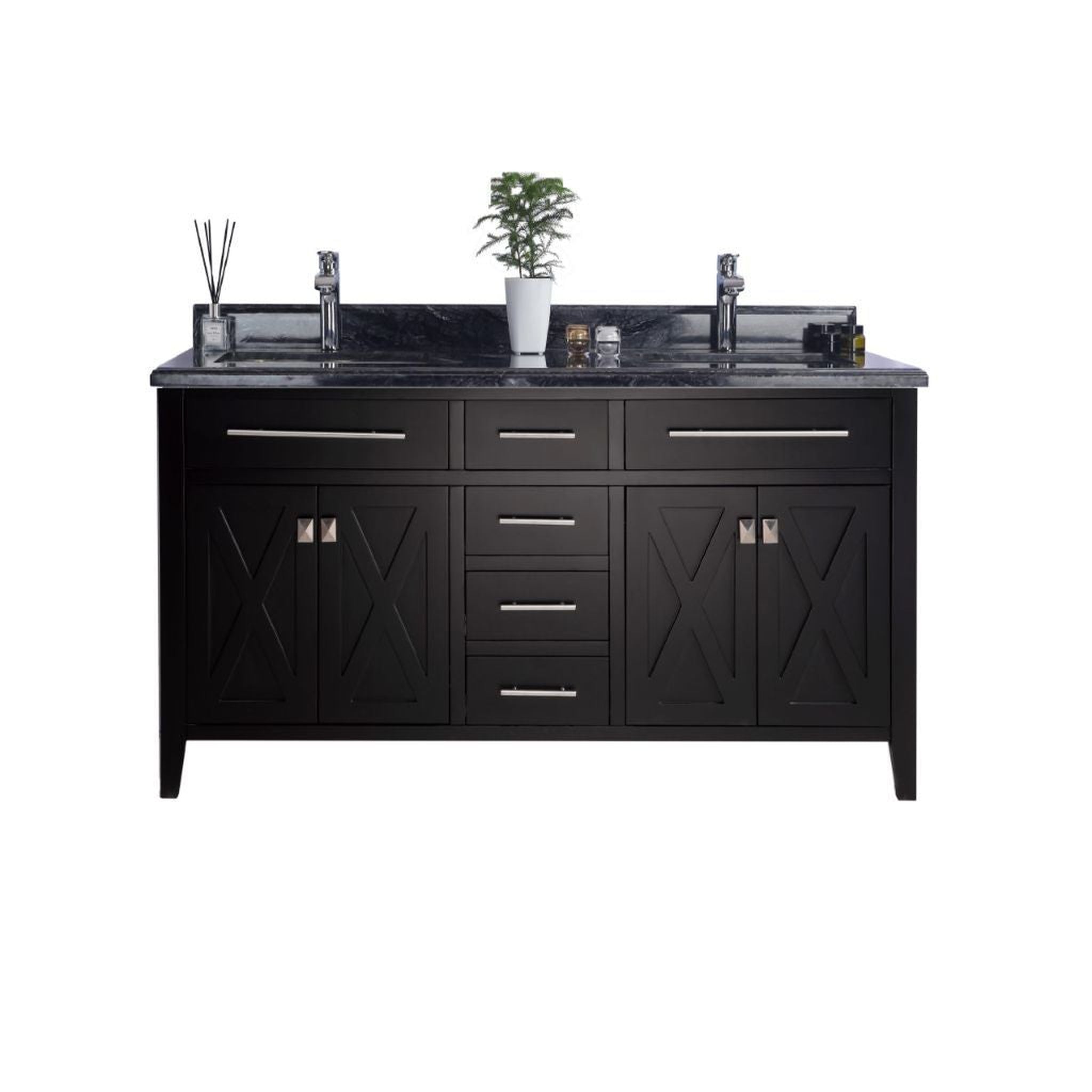 Laviva, Laviva Wimbledon 60" Espresso Vanity Base and Black Wood Marble Countertop With Double Rectangular Ceramic Sinks