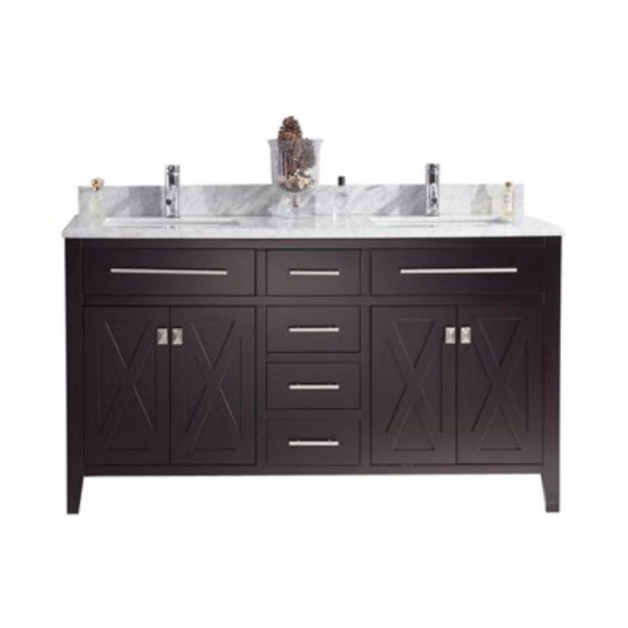 Laviva, Laviva Wimbledon 60" Espresso Vanity Base and White Carrara Marble Countertop With Double Rectangular Ceramic Sinks