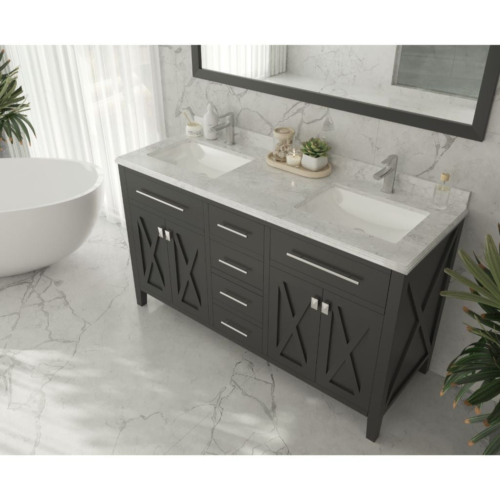 Laviva, Laviva Wimbledon 60" Espresso Vanity Base and White Carrara Marble Countertop With Double Rectangular Ceramic Sinks