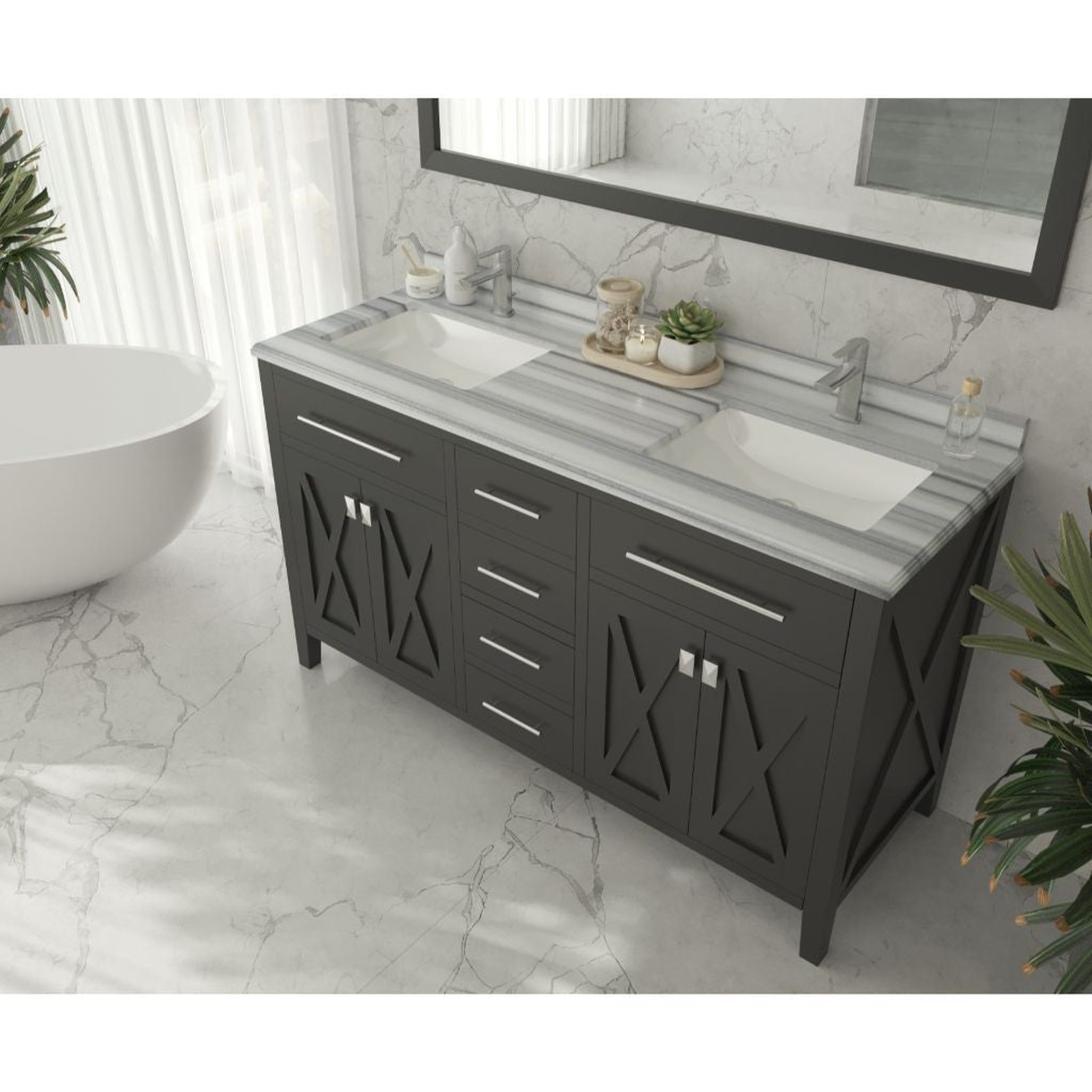 Laviva, Laviva Wimbledon 60" Espresso Vanity Base and White Stripes Marble Countertop With Double Rectangular Ceramic Sinks