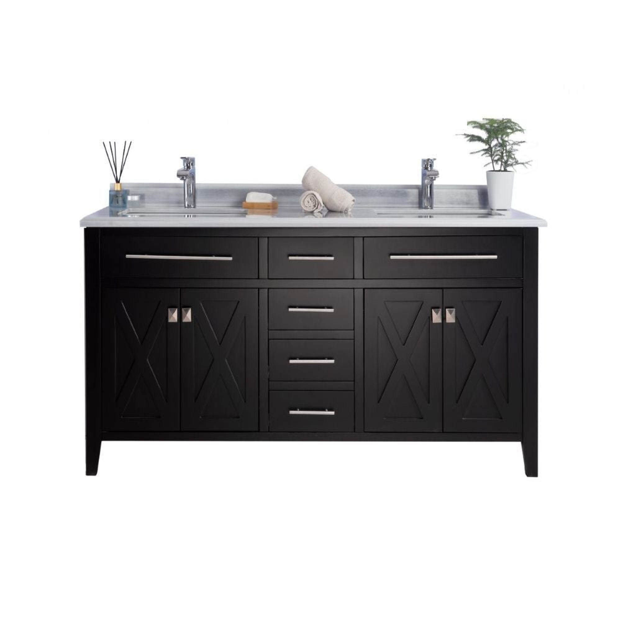 Laviva, Laviva Wimbledon 60" Espresso Vanity Base and White Stripes Marble Countertop With Double Rectangular Ceramic Sinks