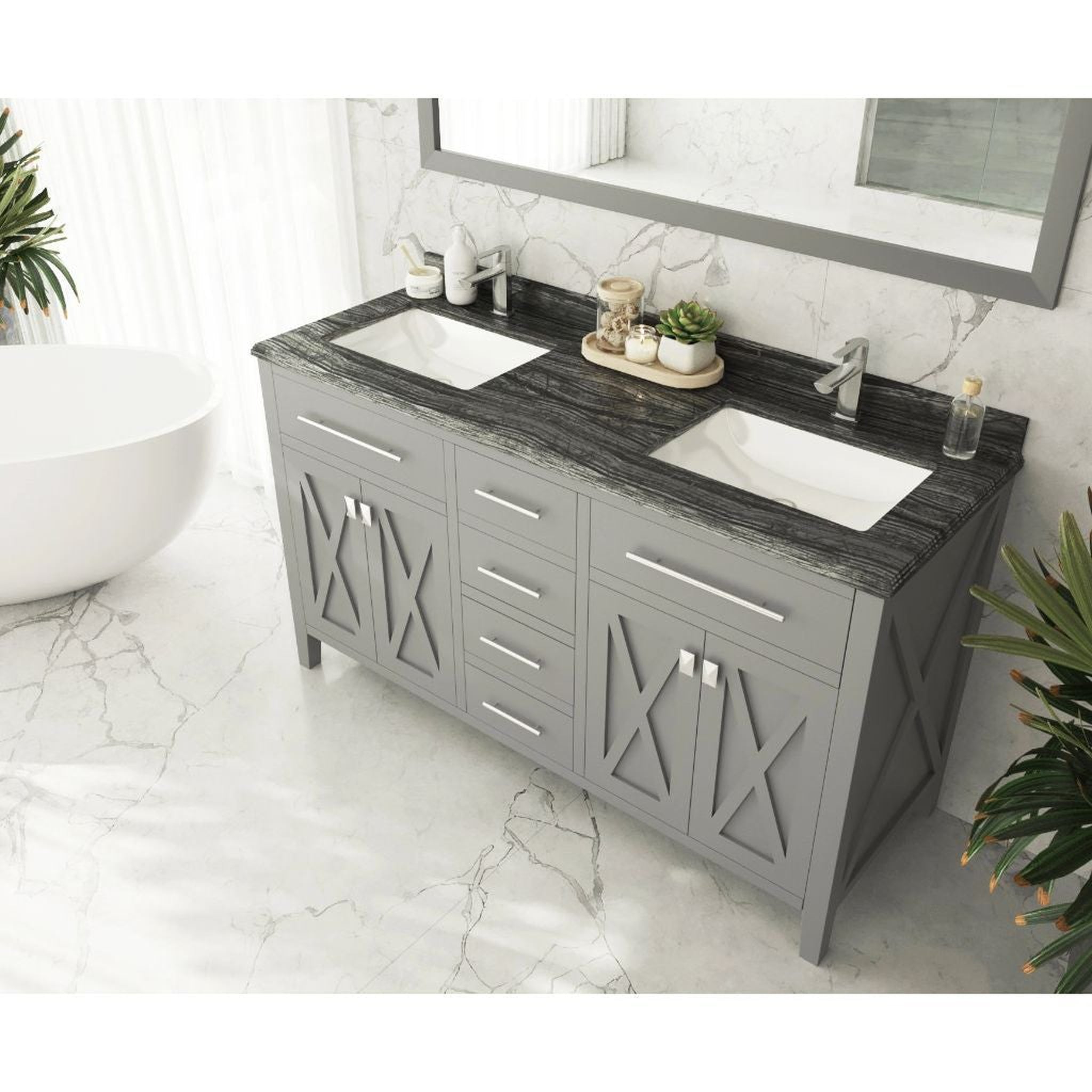 Laviva, Laviva Wimbledon 60" Gray Vanity Base and Black Wood Marble Countertop With Double Rectangular Ceramic Sinks