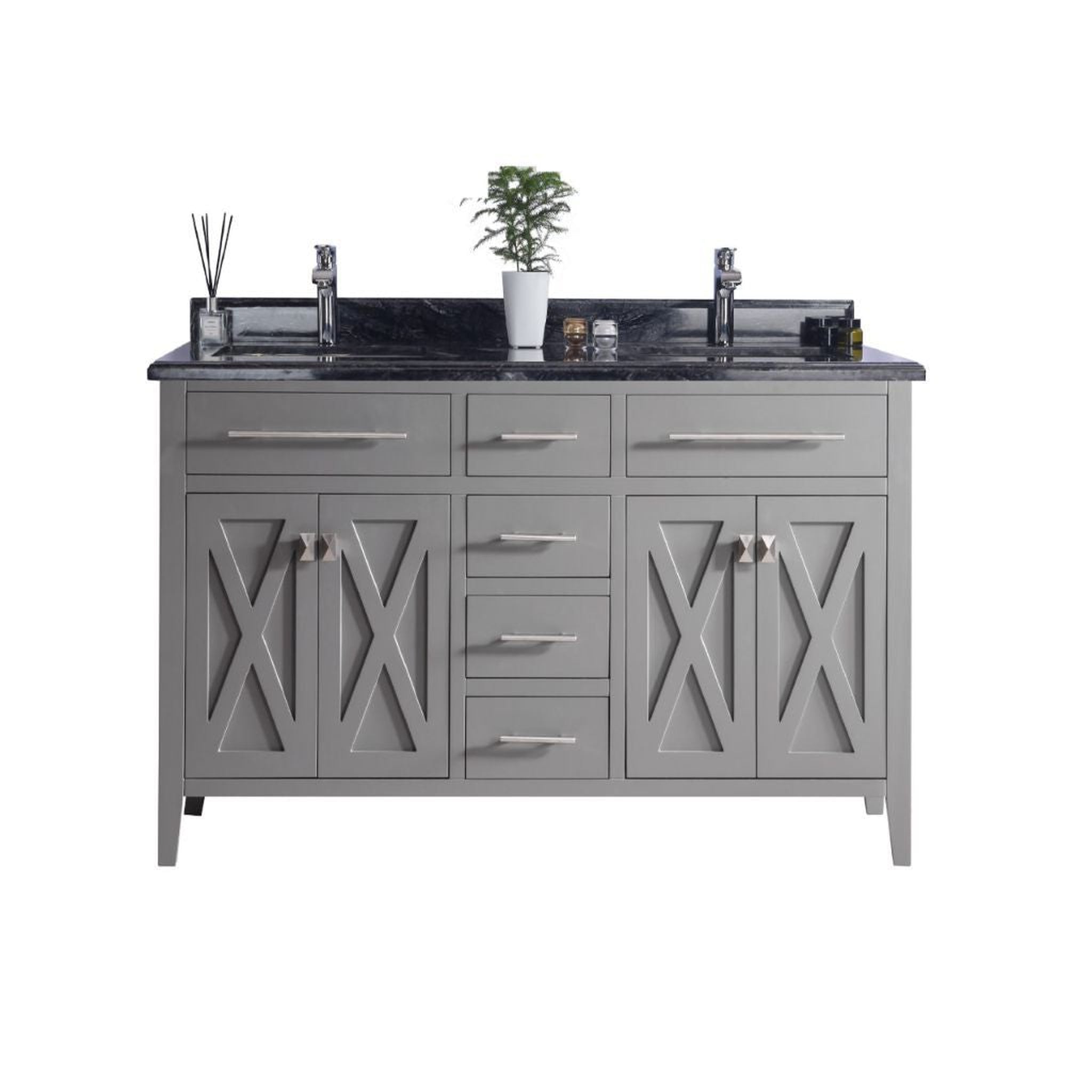 Laviva, Laviva Wimbledon 60" Gray Vanity Base and Black Wood Marble Countertop With Double Rectangular Ceramic Sinks