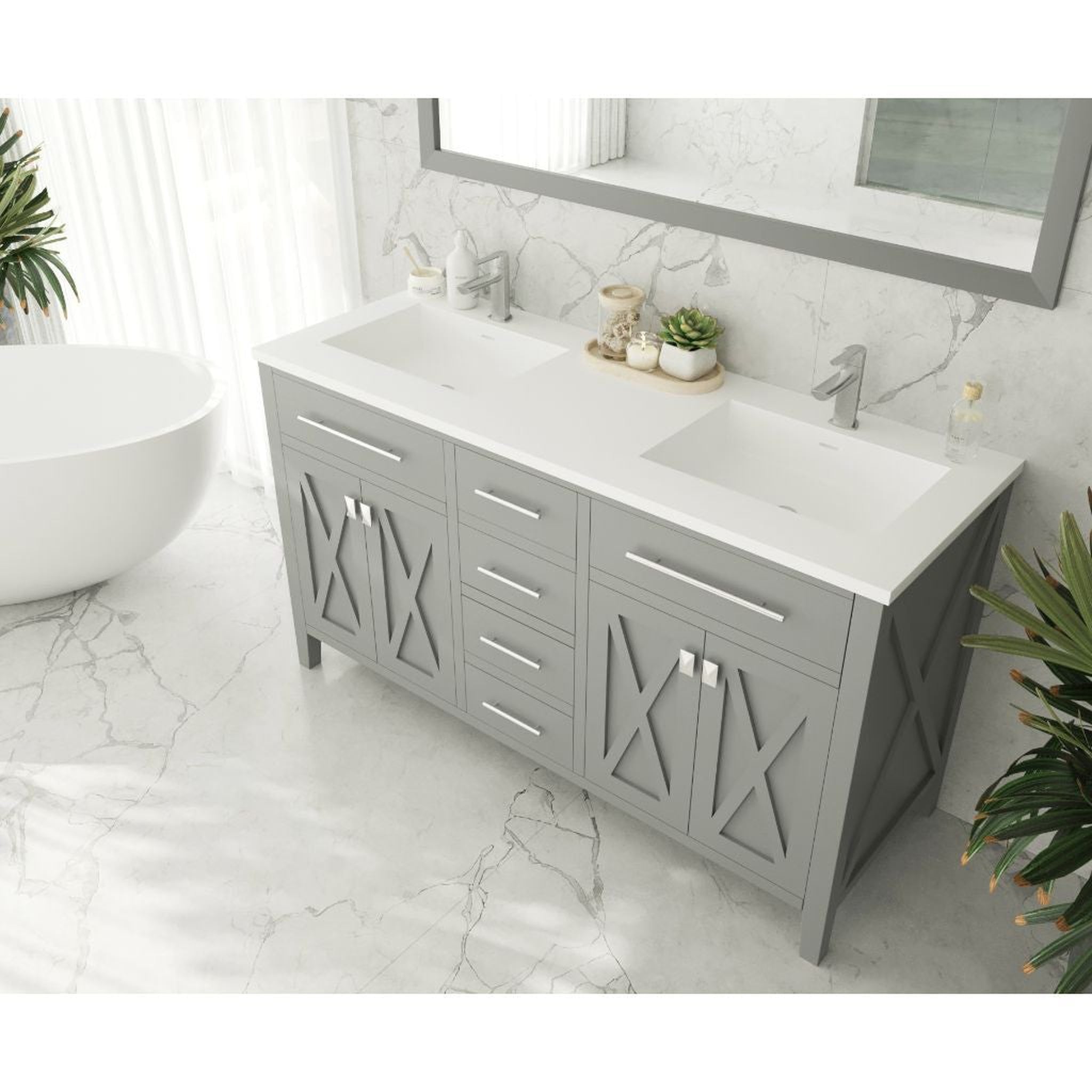 Laviva, Laviva Wimbledon 60" Gray Vanity Base and Matte White Solid Surface Countertop With Double Integrated Sinks