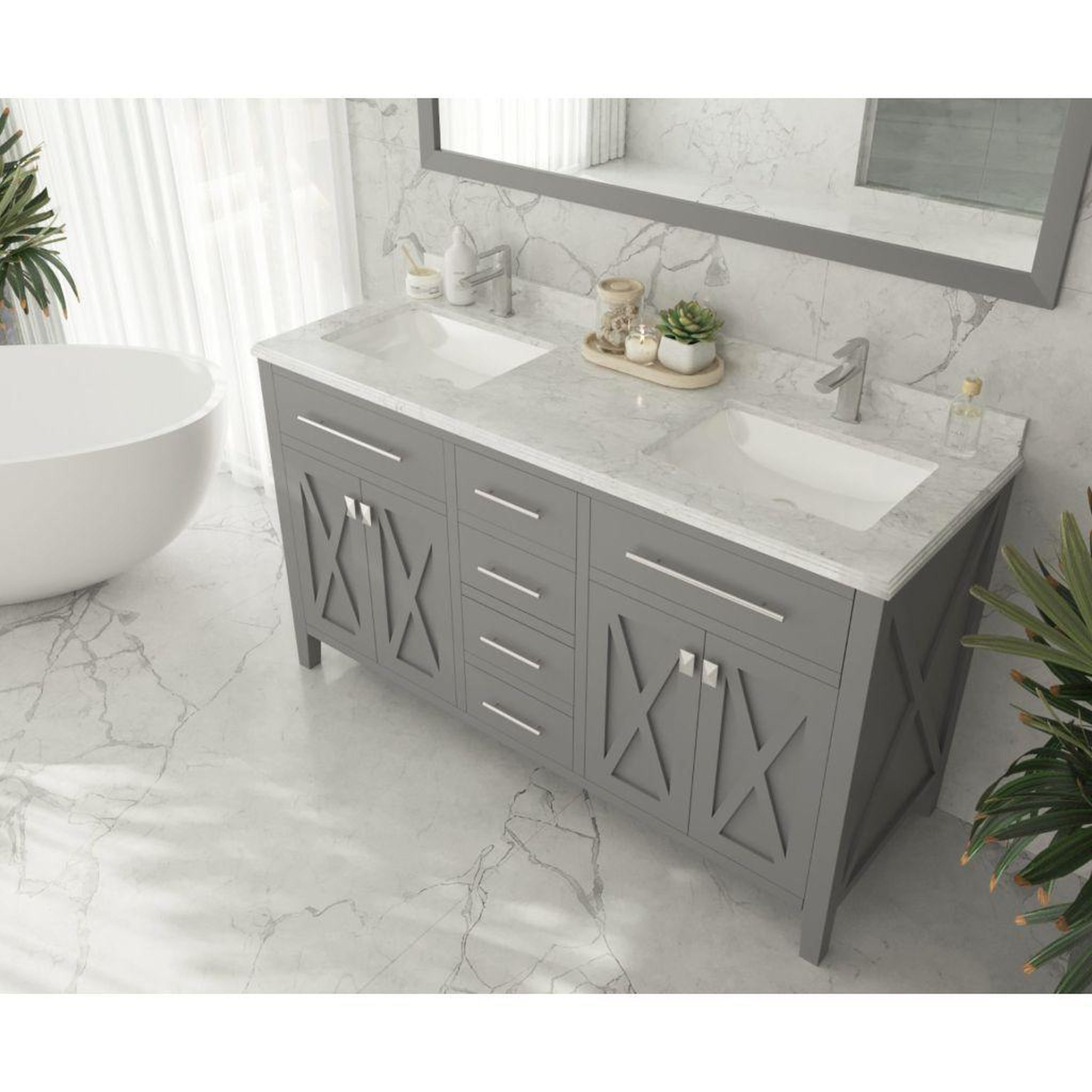 Laviva, Laviva Wimbledon 60" Gray Vanity Base and White Carrara Marble Countertop With Double Rectangular Ceramic Sinks