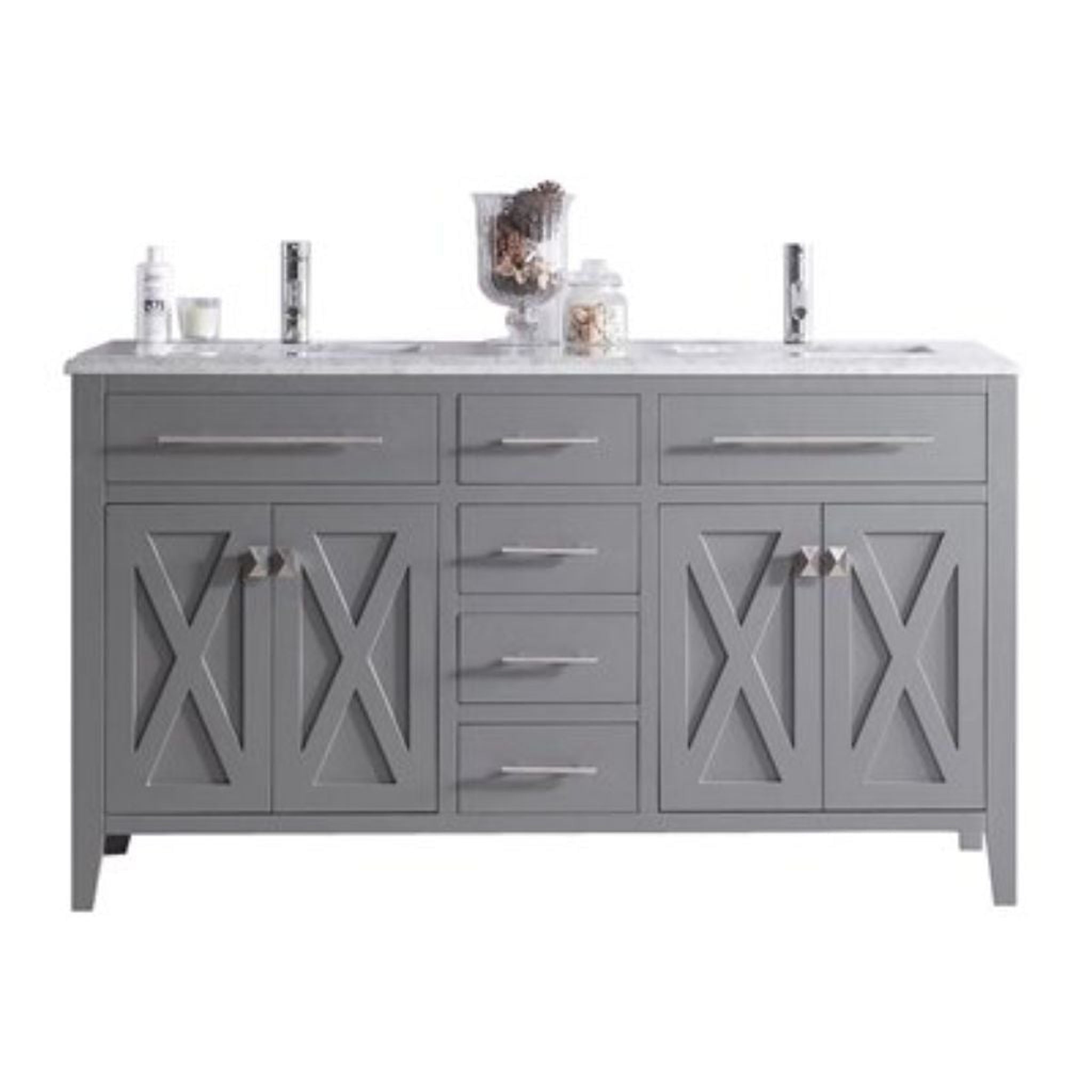 Laviva, Laviva Wimbledon 60" Gray Vanity Base and White Carrara Marble Countertop With Double Rectangular Ceramic Sinks