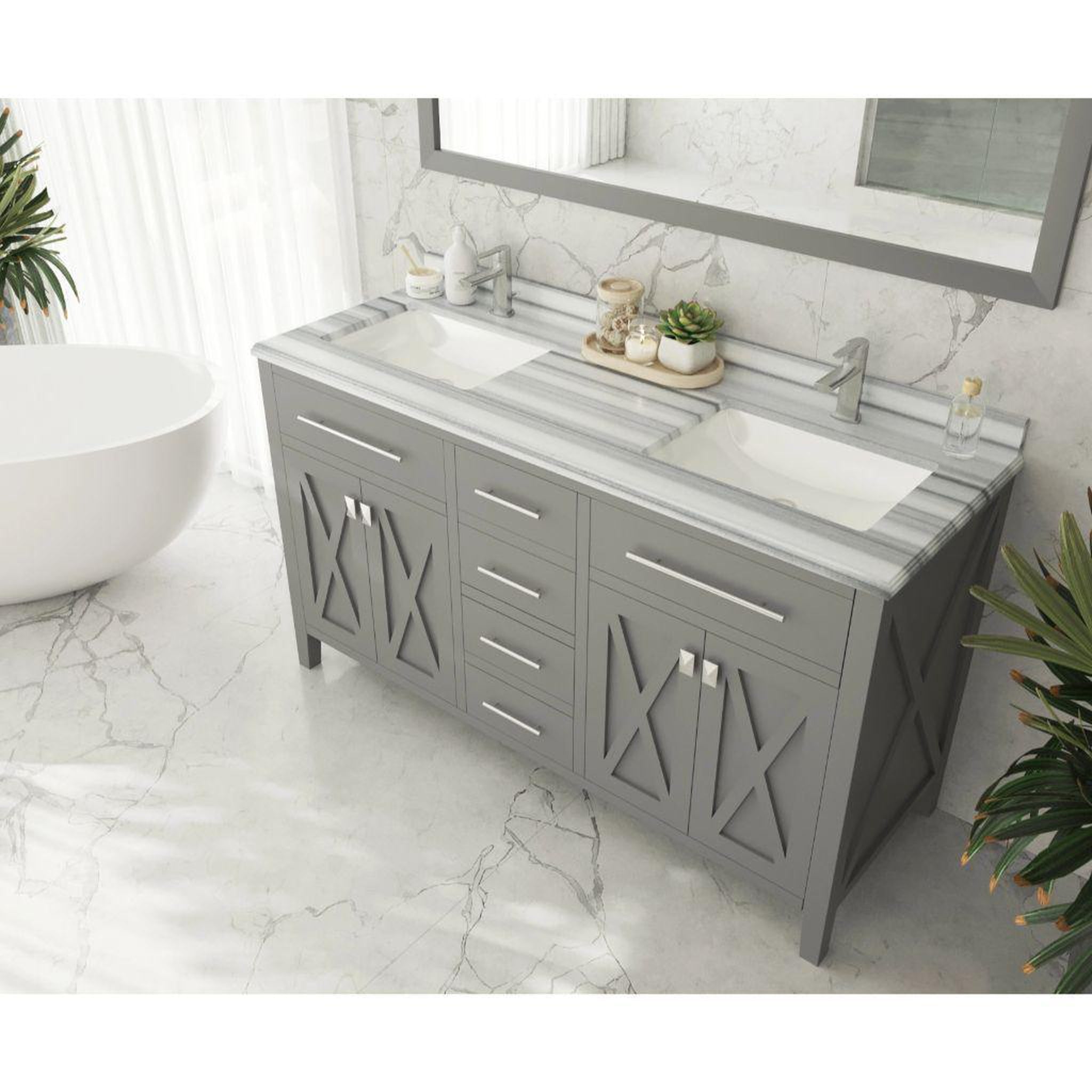 Laviva, Laviva Wimbledon 60" Gray Vanity Base and White Stripes Marble Countertop With Double Rectangular Ceramic Sinks