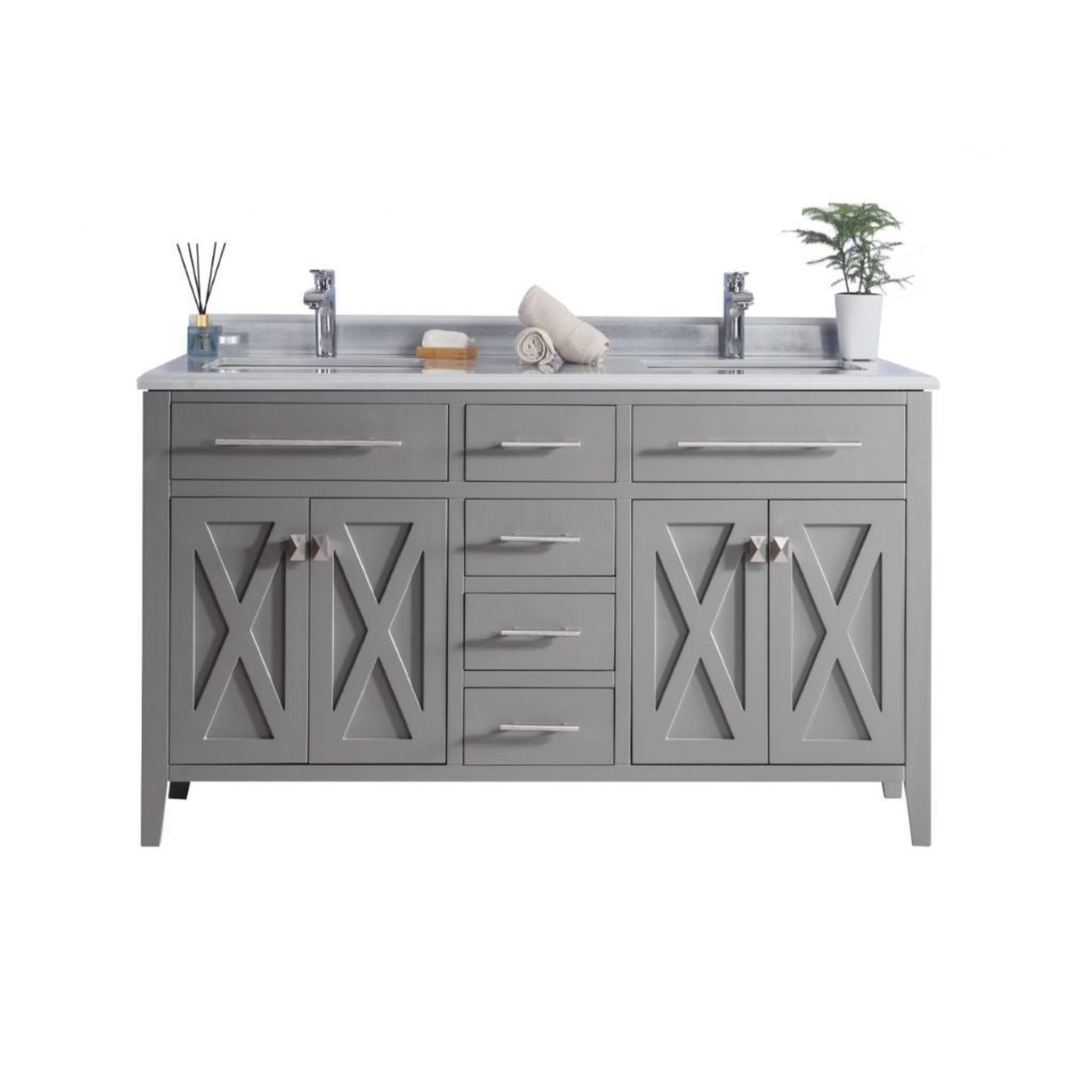 Laviva, Laviva Wimbledon 60" Gray Vanity Base and White Stripes Marble Countertop With Double Rectangular Ceramic Sinks