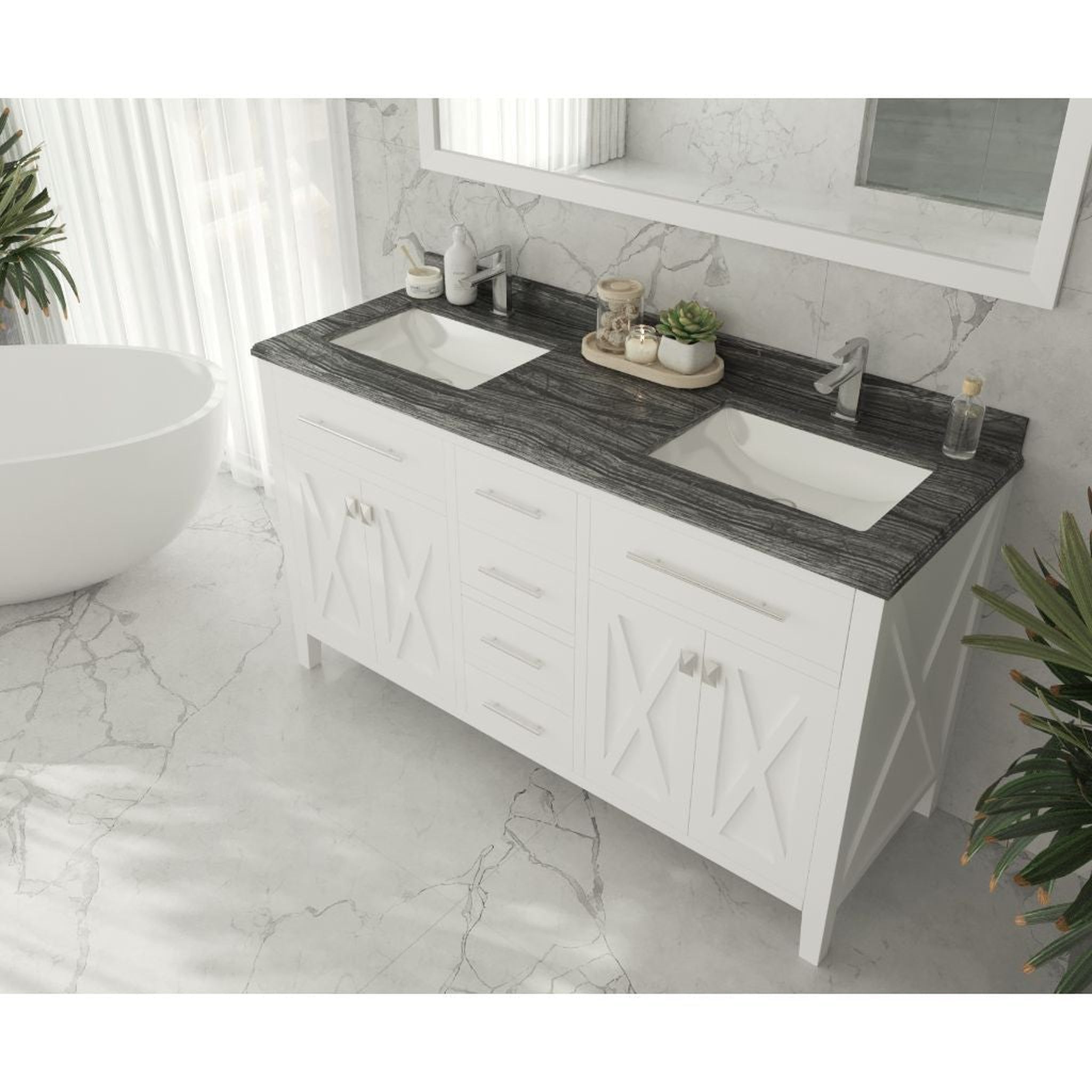 Laviva, Laviva Wimbledon 60" White Vanity Base and Black Wood Marble Countertop With Double Rectangular Ceramic Sinks