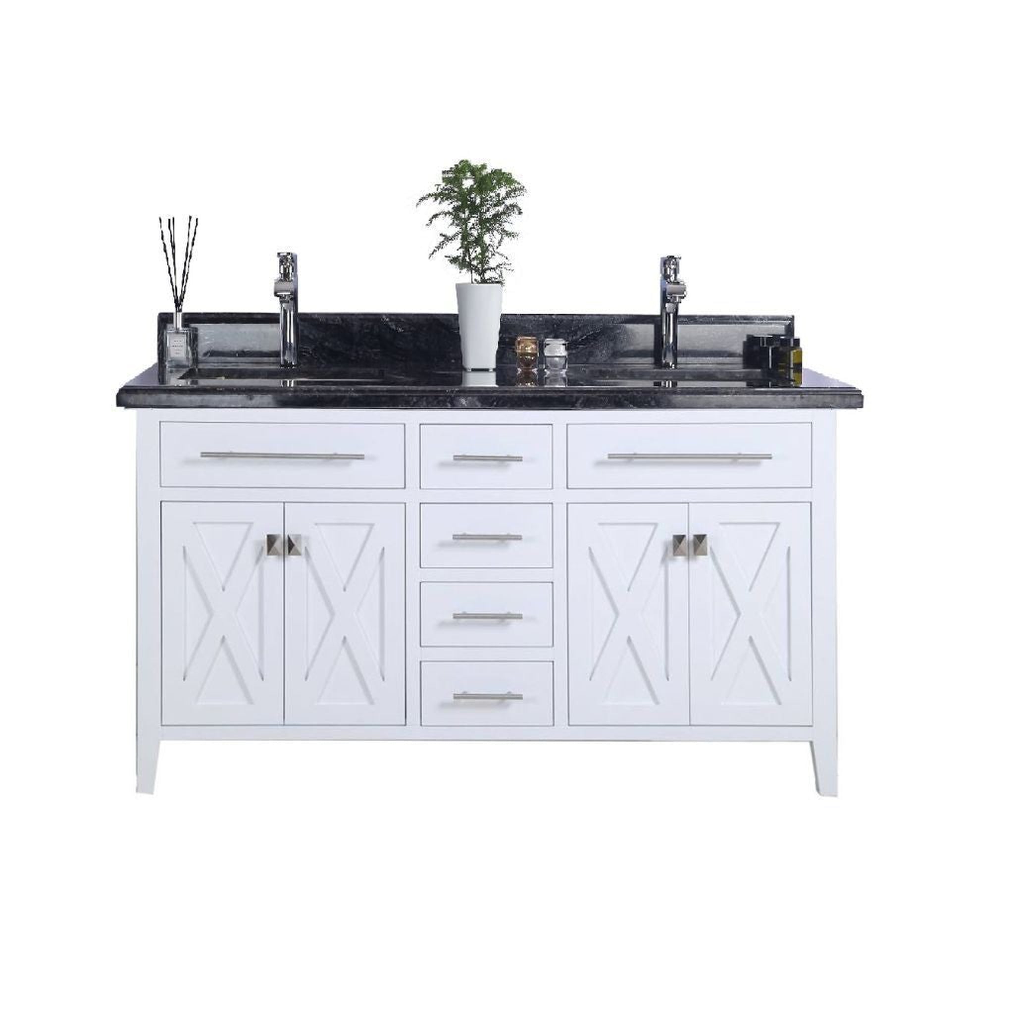 Laviva, Laviva Wimbledon 60" White Vanity Base and Black Wood Marble Countertop With Double Rectangular Ceramic Sinks