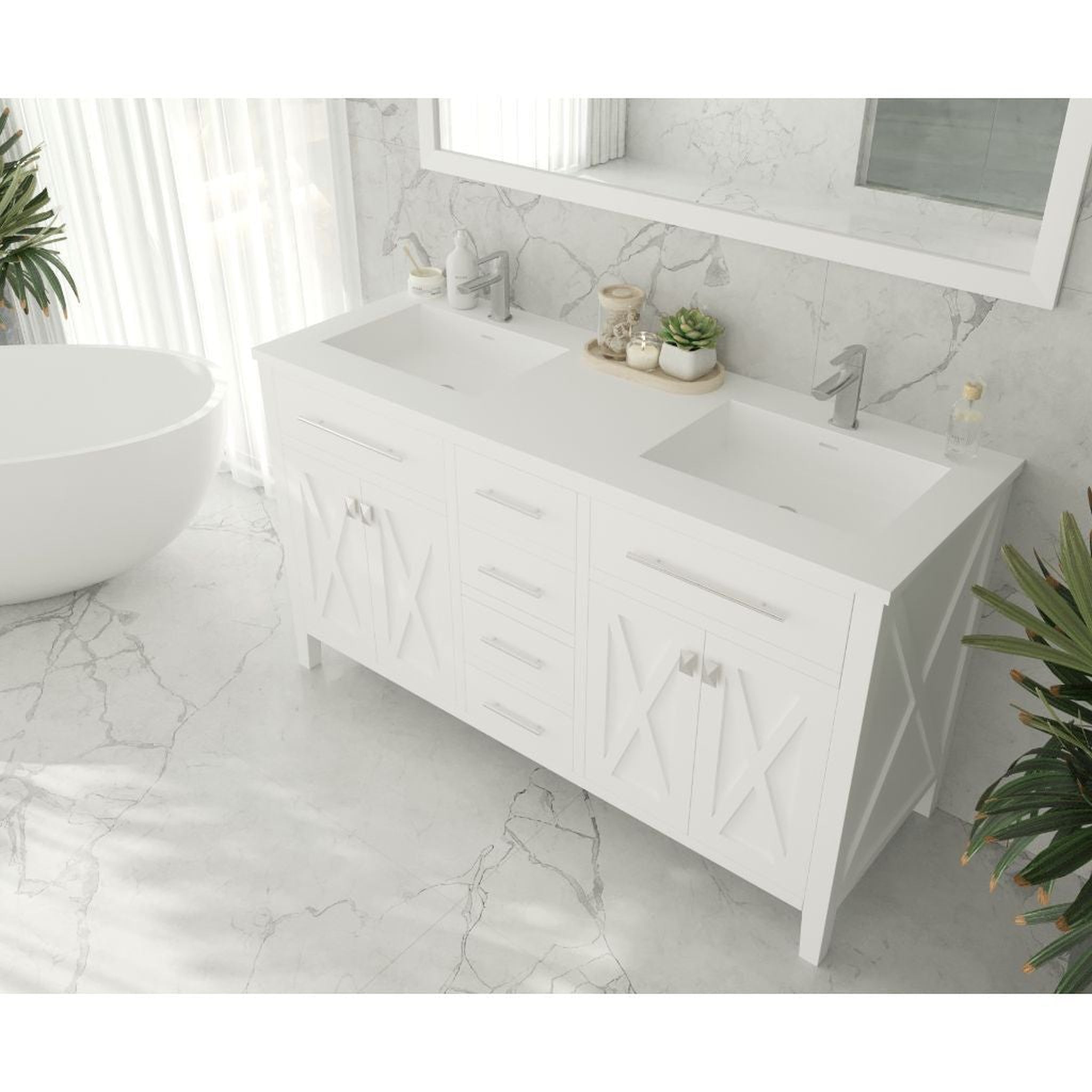 Laviva, Laviva Wimbledon 60" White Vanity Base and Matte White Solid Surface Countertop With Double Integrated Sinks