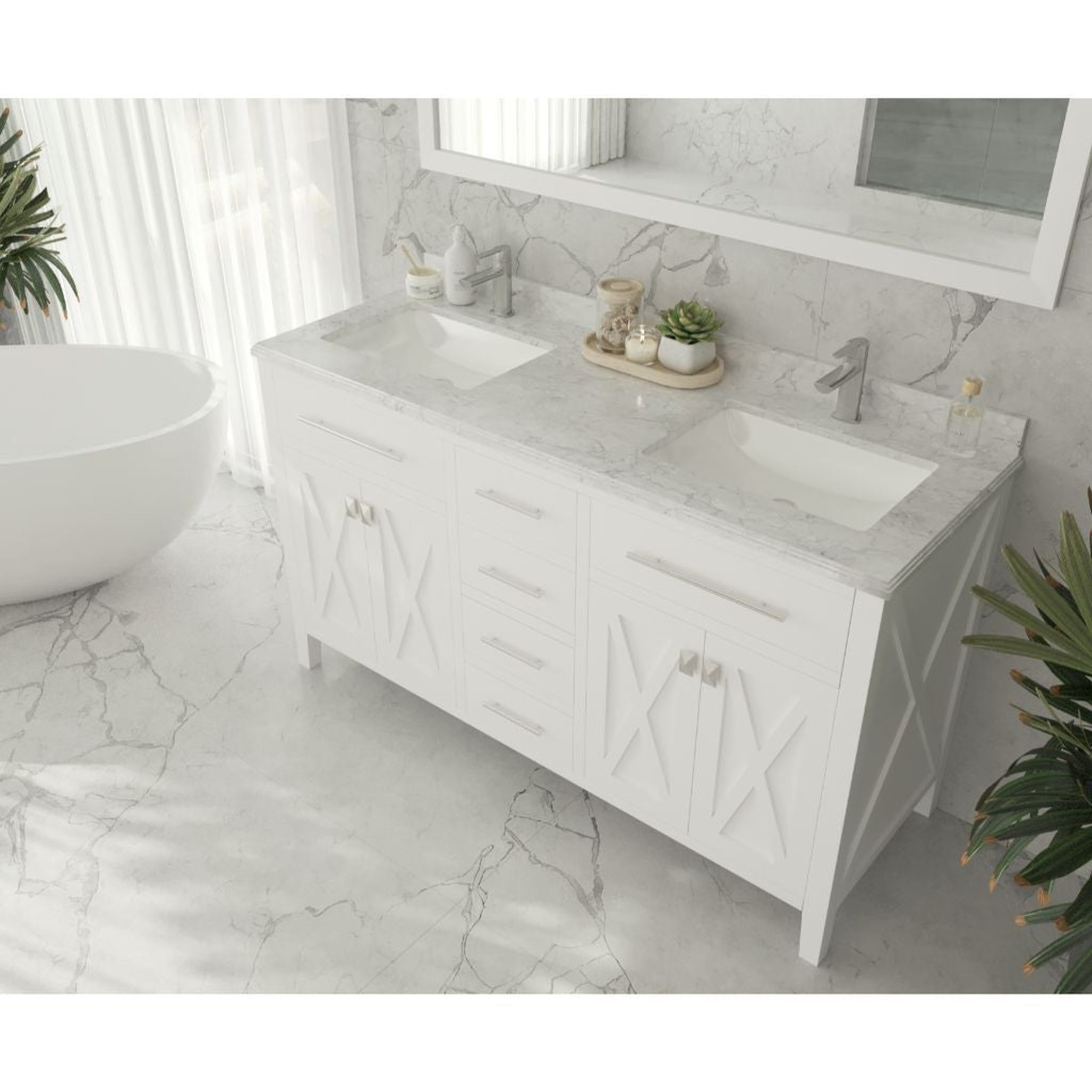 Laviva, Laviva Wimbledon 60" White Vanity Base and White Carrara Marble Countertop With Double Rectangular Ceramic Sinks