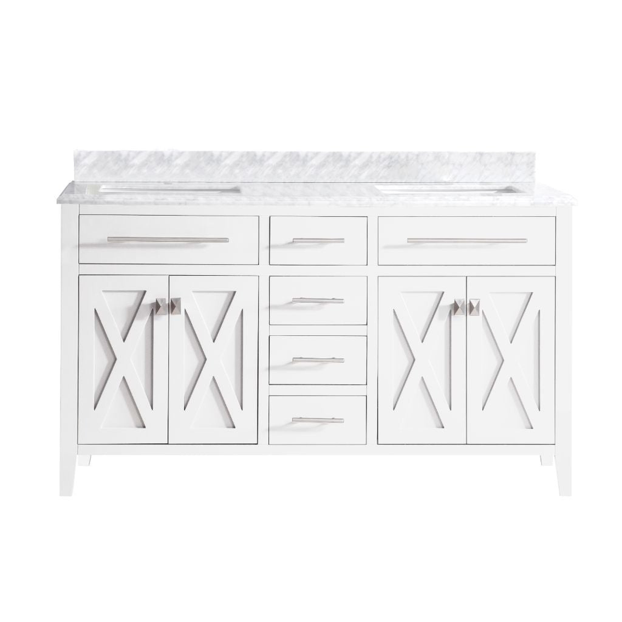 Laviva, Laviva Wimbledon 60" White Vanity Base and White Carrara Marble Countertop With Double Rectangular Ceramic Sinks