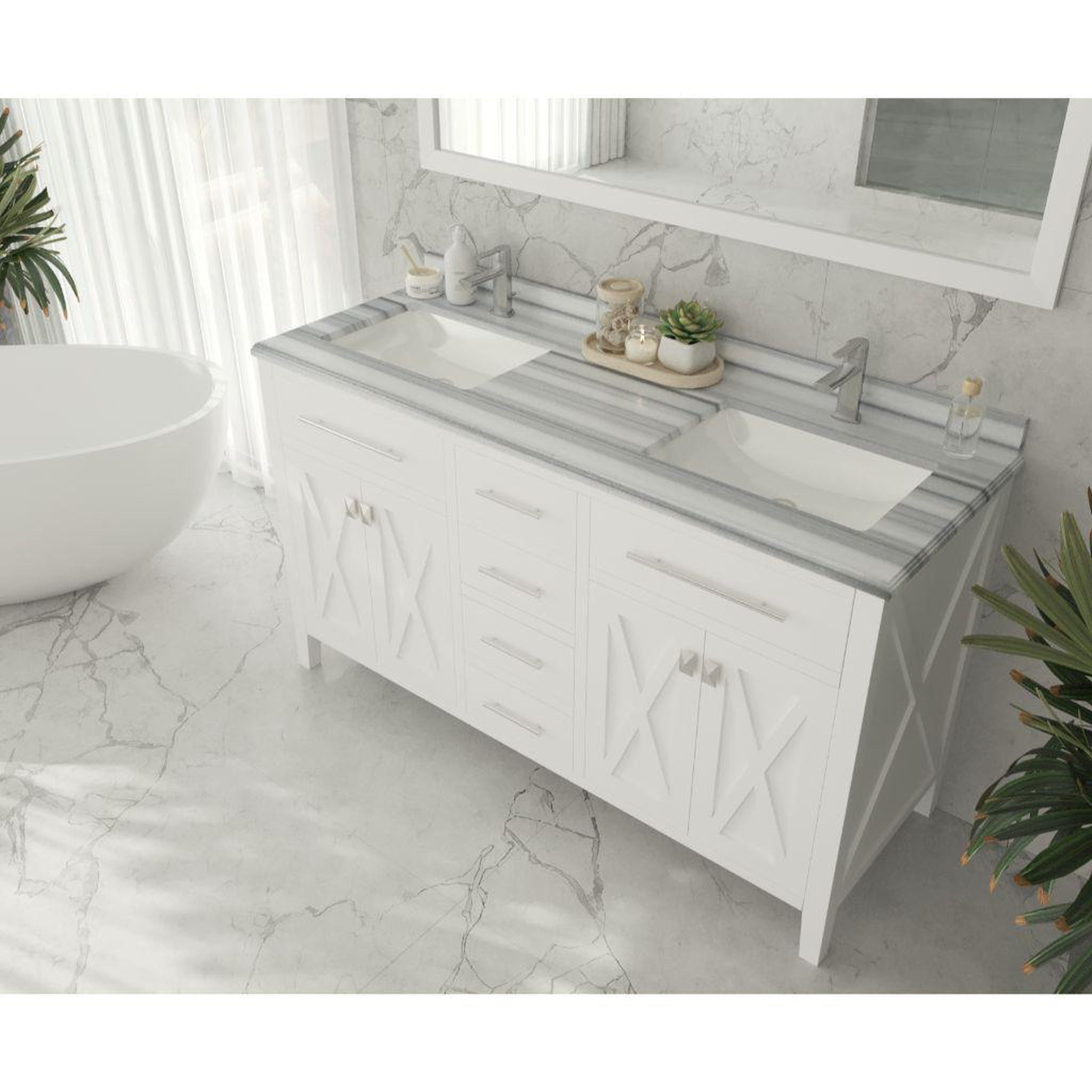 Laviva, Laviva Wimbledon 60" White Vanity Base and White Stripes Marble Countertop With Double Rectangular Ceramic Sinks