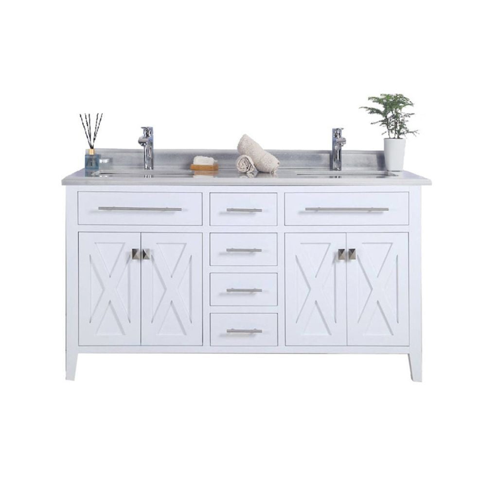 Laviva, Laviva Wimbledon 60" White Vanity Base and White Stripes Marble Countertop With Double Rectangular Ceramic Sinks