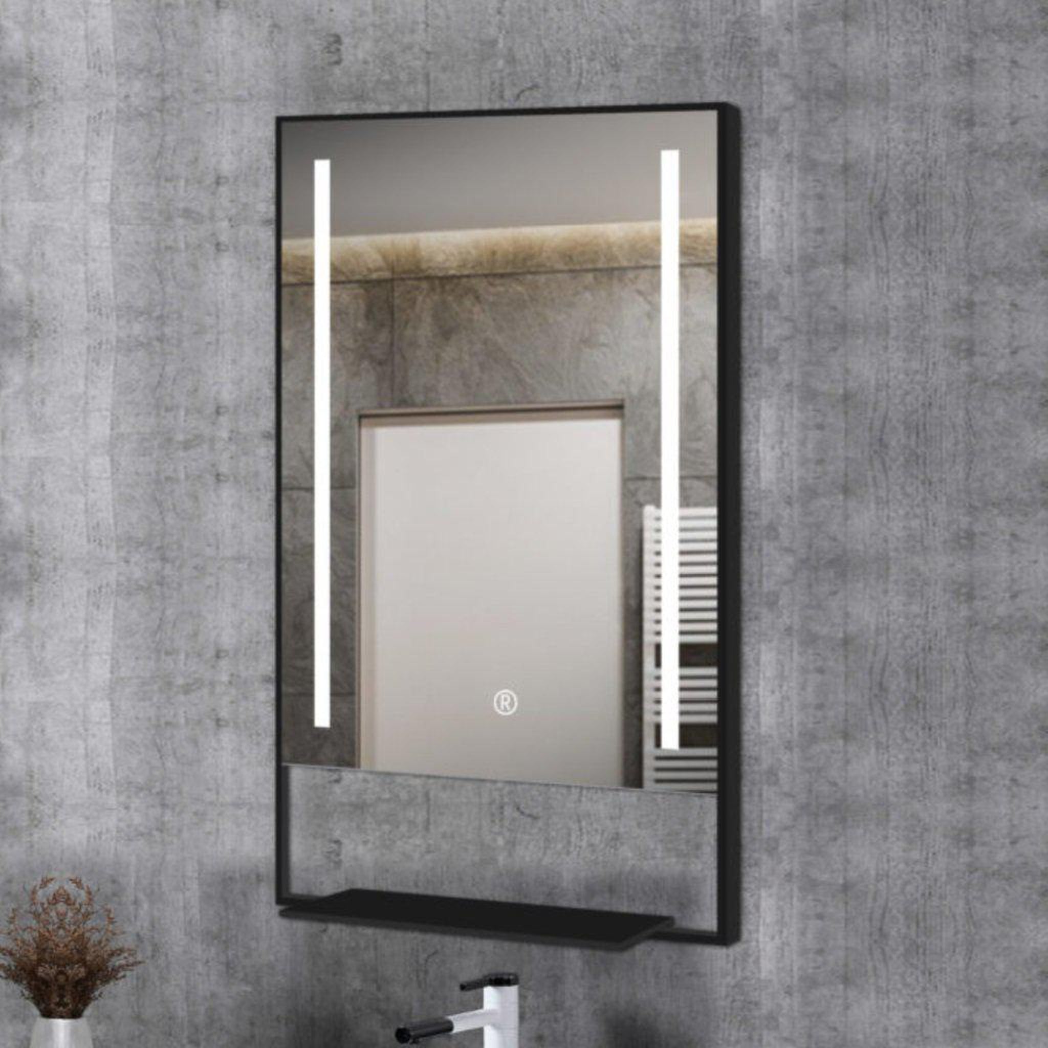 Lighted Impressions, Lighted Impressions Luxe 24" x 32" Rectangular Framed Wall-Mounted LED Mirror With Touch Sensor & Open Shelf