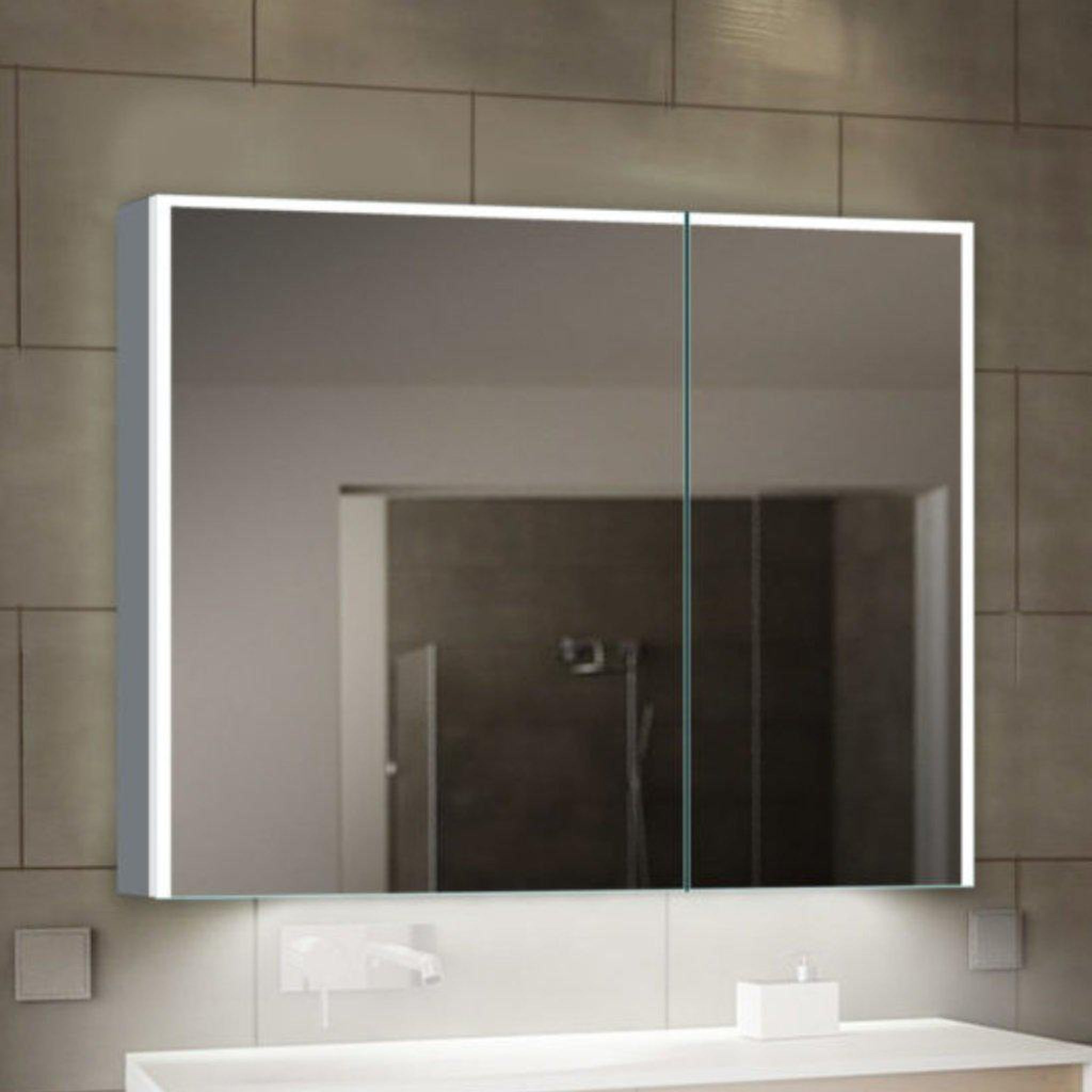 Lighted Impressions, Lighted Impressions Vienna 32" x 28" Rectangular Framed Wall-Mounted LED Mirror Cabinet With IR Sensor, Glass Shelves & Bluetooth Speaker