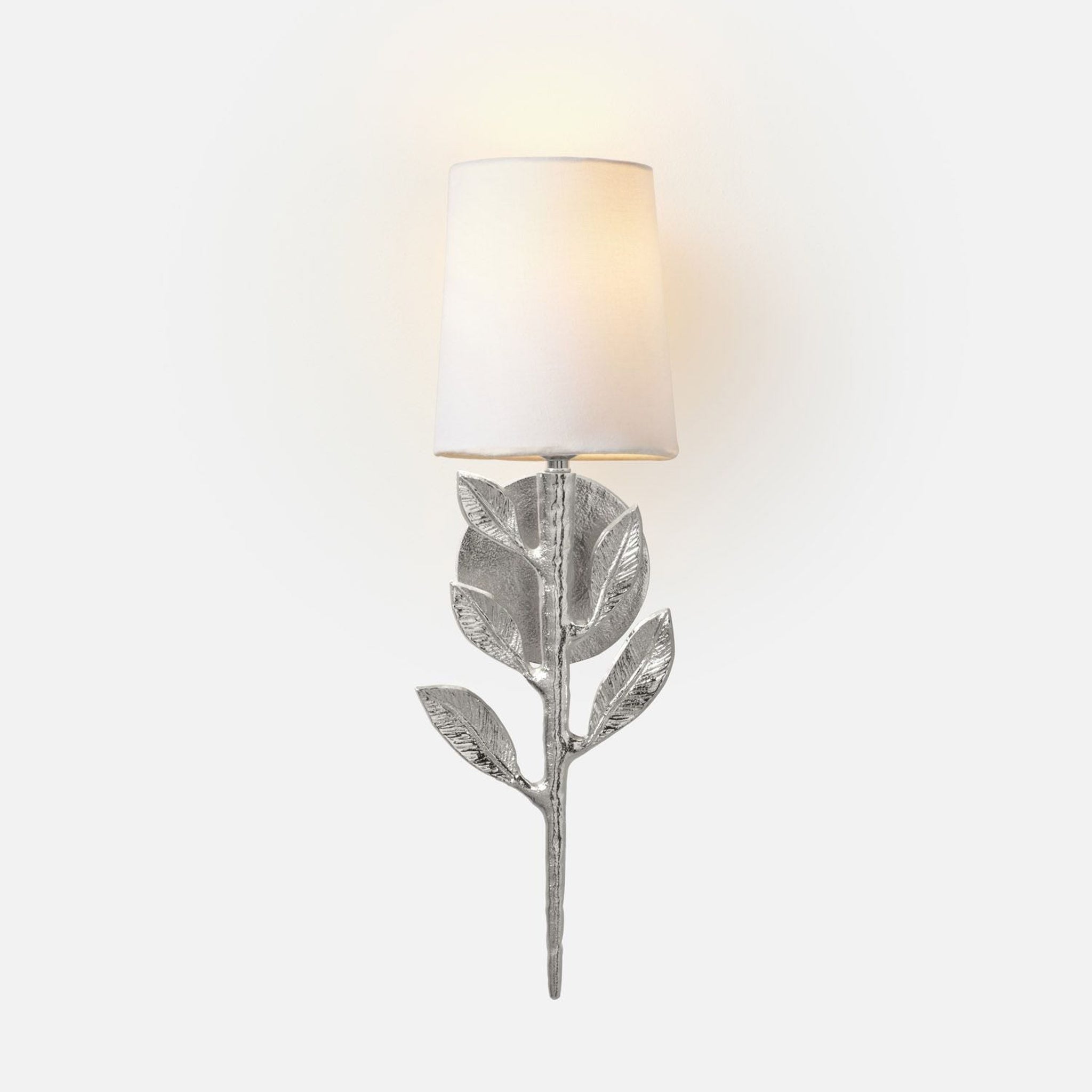 Made Goods, Made Goods Emmeline 6" x 19" 1-Light Plated Nickel Aluminum Sconce with Tapered Drum / White Linen Shade