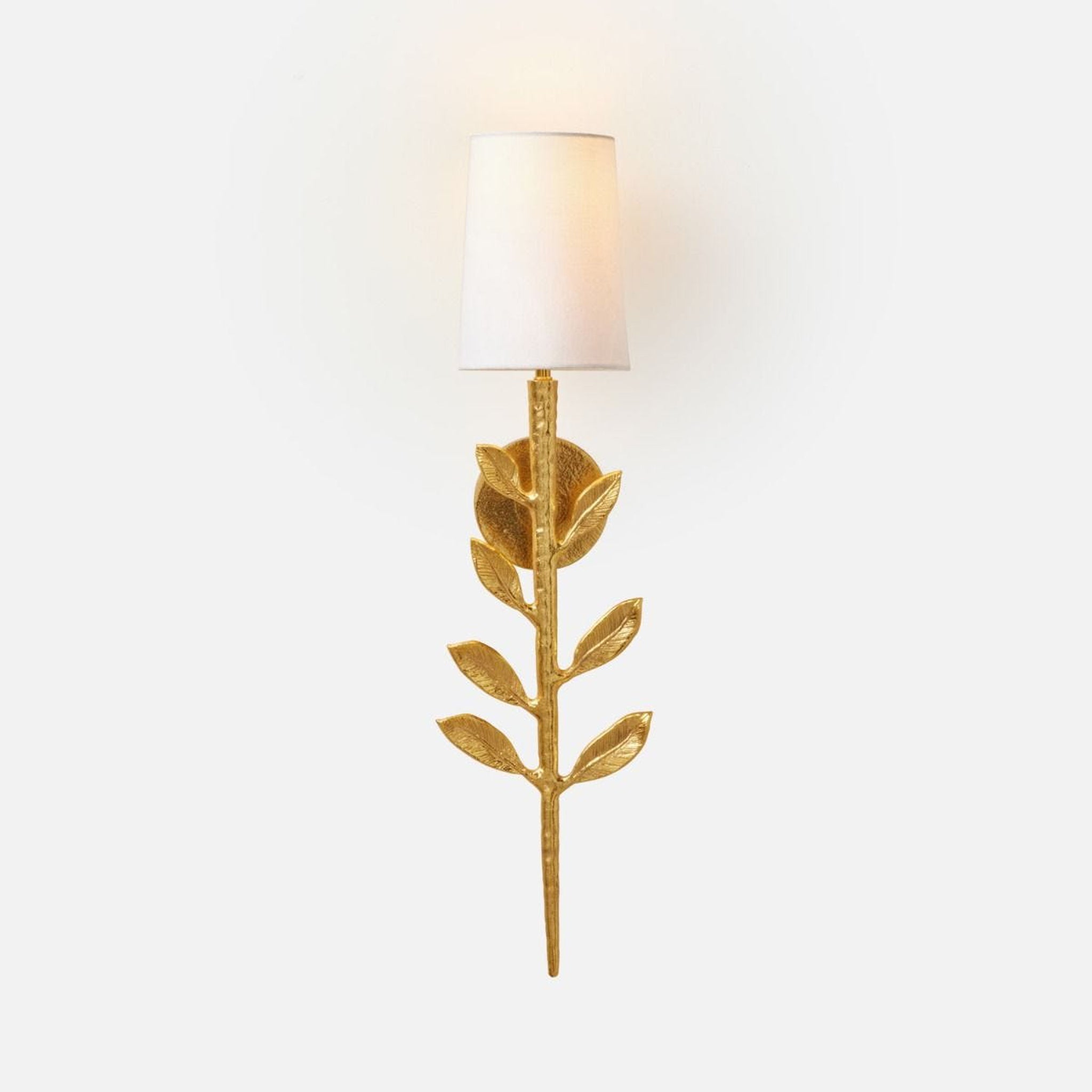 Made Goods, Made Goods Emmeline 7" x 26" 1-Light Electroplated Gold Aluminum Sconce with Tapered Drum / White Linen Shade