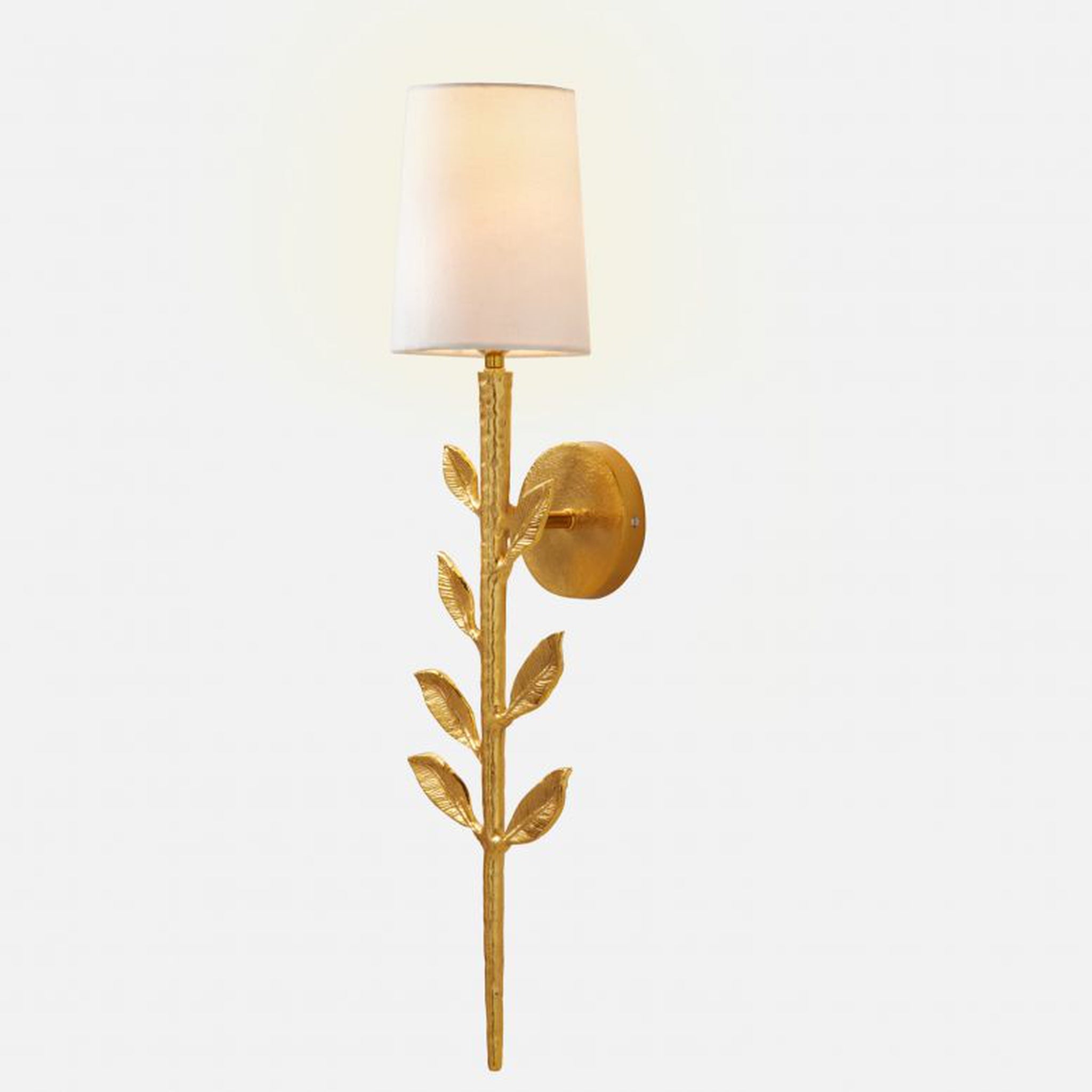 Made Goods, Made Goods Emmeline 7" x 26" 1-Light Electroplated Gold Aluminum Sconce with Tapered Drum / White Linen Shade