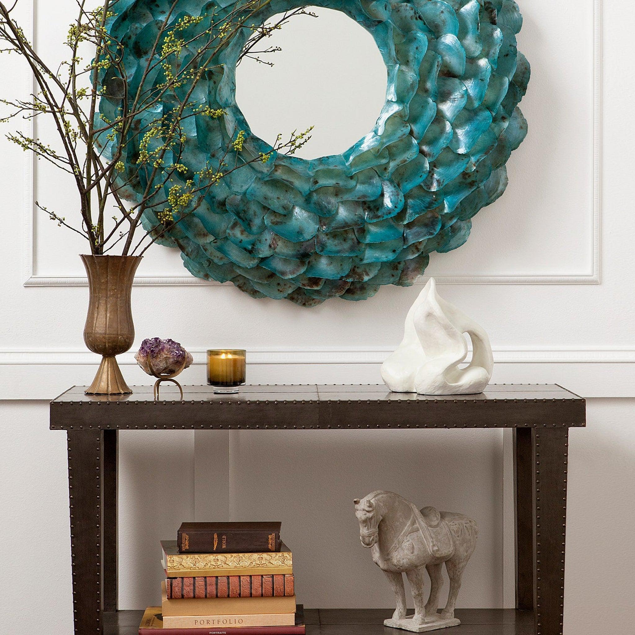 Made Goods, Made Goods Venus 45" Round Blue Saddle Oyster Shell Mirror