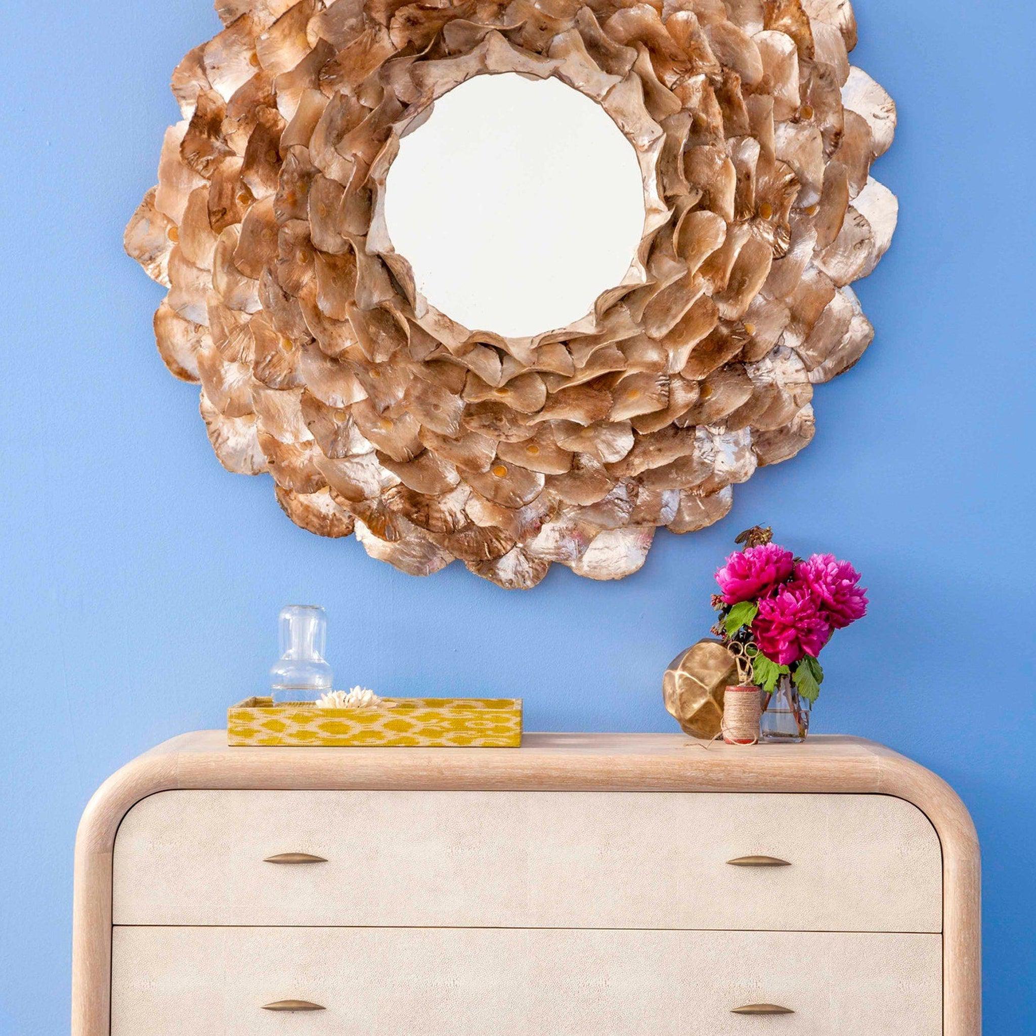 Made Goods, Made Goods Venus 45" Round Champagne Saddle Oyster Shell Mirror