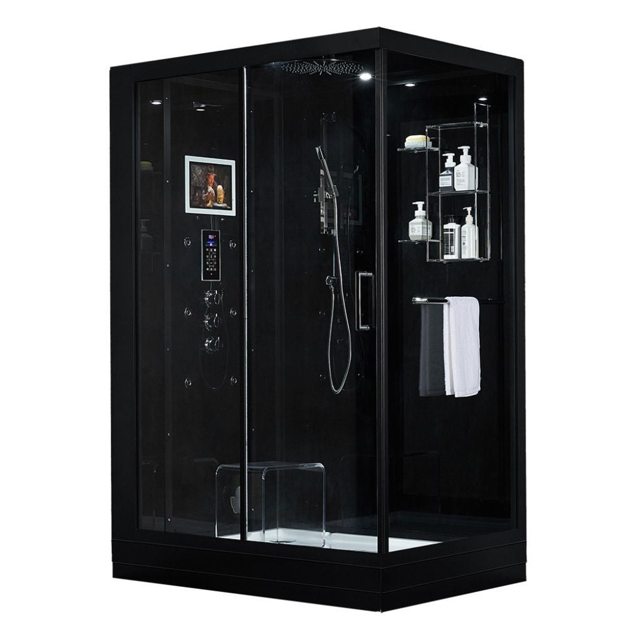 Maya Bath, Maya Bath Platinum Anzio 57" x 37" x 88" 6-Jet Rectangle Black Computerized Steam Shower Massage Bathtub With Sliding Door in Left Position