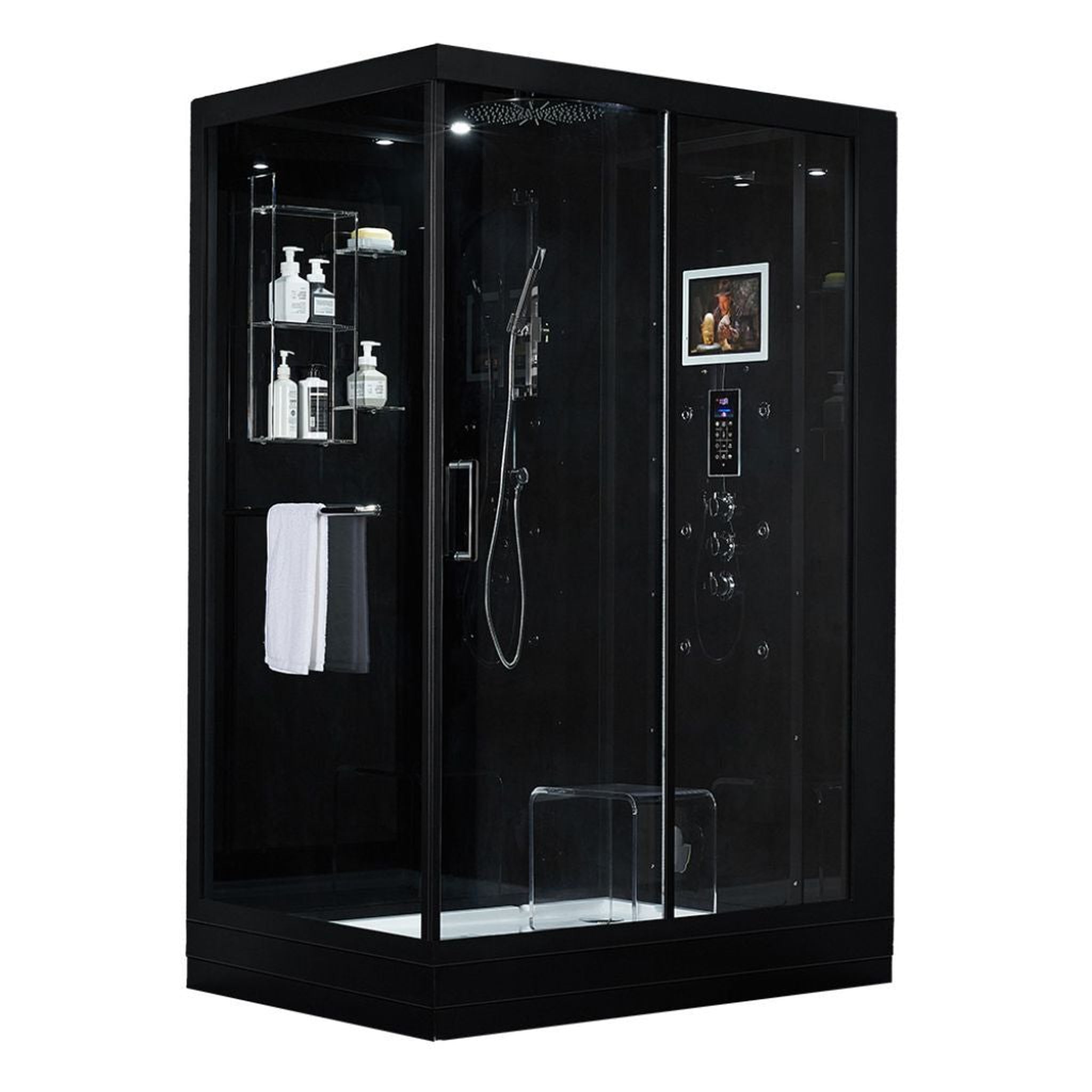 Maya Bath, Maya Bath Platinum Anzio 57" x 37" x 88" 6-Jet Rectangle Black Computerized Steam Shower Massage Bathtub With Sliding Door in Right Position