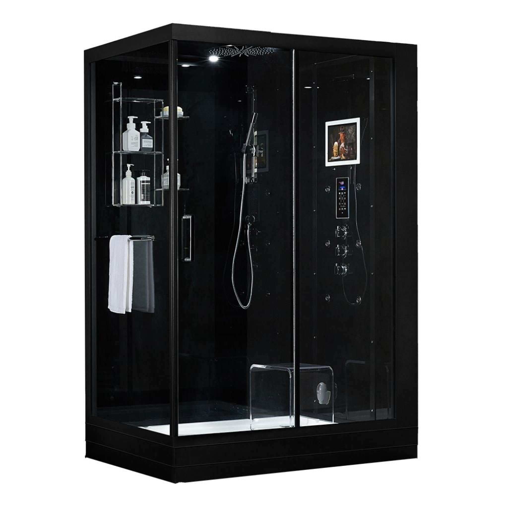 Maya Bath, Maya Bath Platinum Anzio 57" x 37" x 88" 6-Jet Rectangle Black Computerized Steam Shower Massage Bathtub With Sliding Door in Right Position