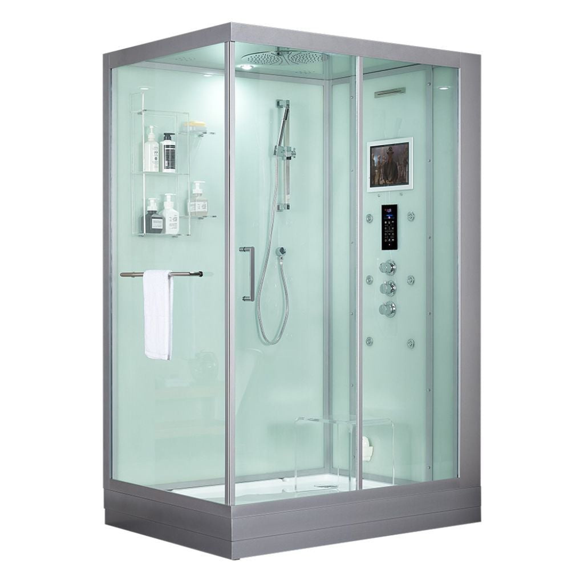 Maya Bath, Maya Bath Platinum Anzio 57" x 37" x 88" 6-Jet Rectangle White Computerized Steam Shower Massage Bathtub With Sliding Door in Right Position