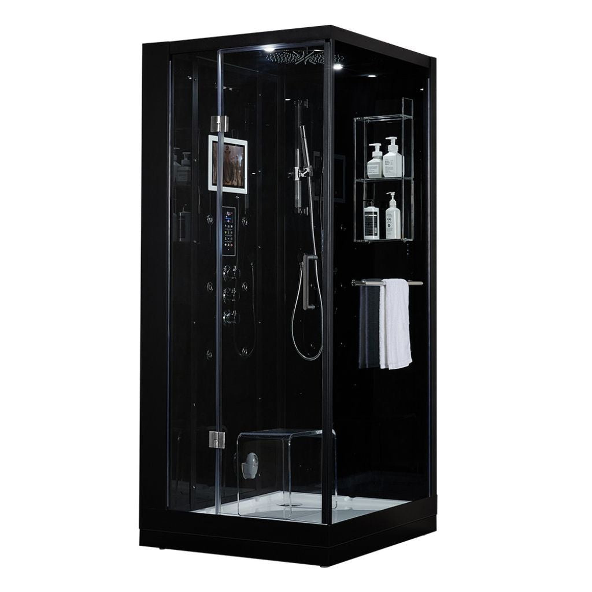 Maya Bath, Maya Bath Platinum Arezzo 37" x 37" x 88" 6-Jet Rectangle Black Computerized Steam Shower Massage Bathtub With Sliding Door in Left Position