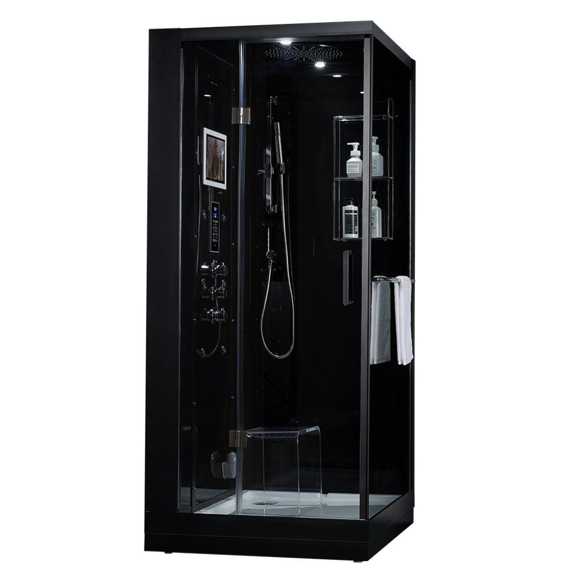 Maya Bath, Maya Bath Platinum Arezzo 37" x 37" x 88" 6-Jet Rectangle Black Computerized Steam Shower Massage Bathtub With Sliding Door in Left Position