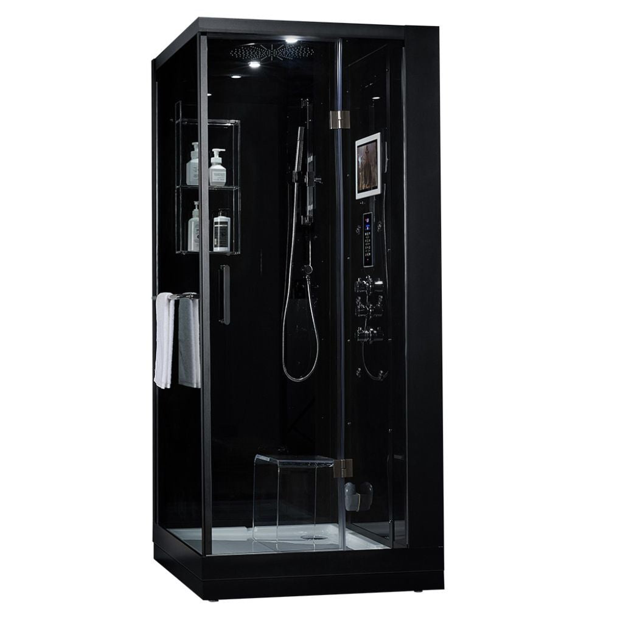 Maya Bath, Maya Bath Platinum Arezzo 37" x 37" x 88" 6-Jet Rectangle Black Computerized Steam Shower Massage Bathtub With Sliding Door in Right Position