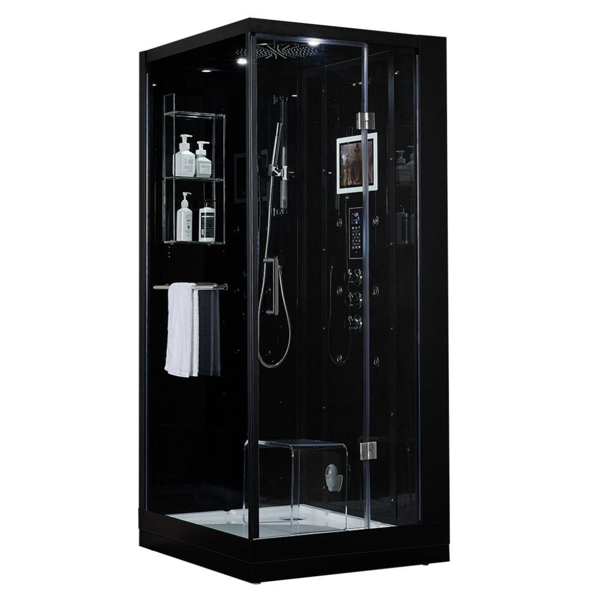 Maya Bath, Maya Bath Platinum Arezzo 37" x 37" x 88" 6-Jet Rectangle Black Computerized Steam Shower Massage Bathtub With Sliding Door in Right Position