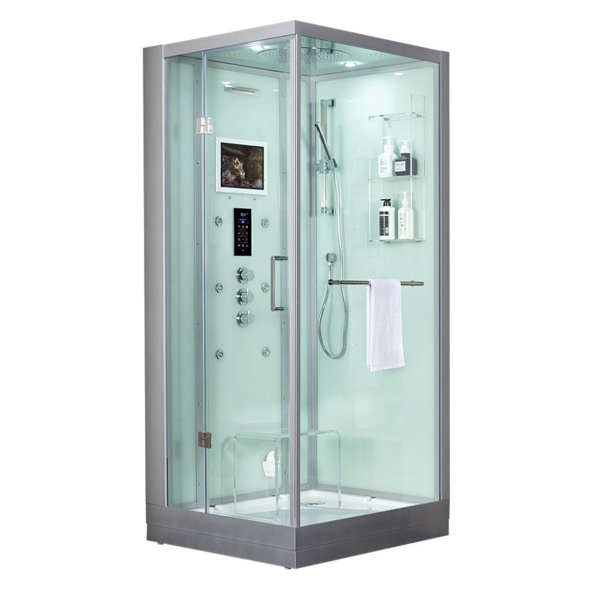 Maya Bath, Maya Bath Platinum Arezzo 37" x 37" x 88" 6-Jet Rectangle White Computerized Steam Shower Massage Bathtub With Sliding Door in Left Position