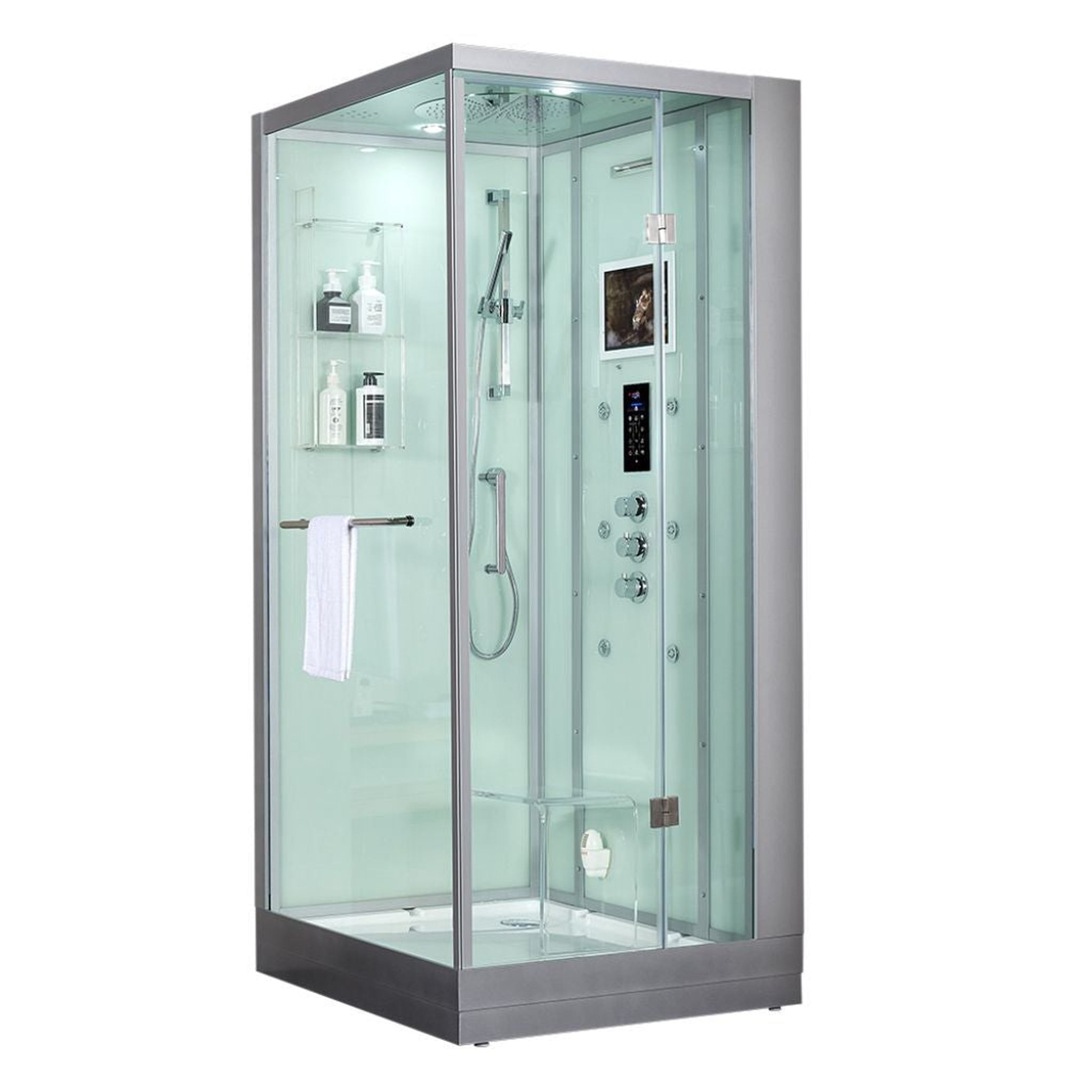 Maya Bath, Maya Bath Platinum Arezzo 37" x 37" x 88" 6-Jet Rectangle White Computerized Steam Shower Massage Bathtub With Sliding Door in Right Position