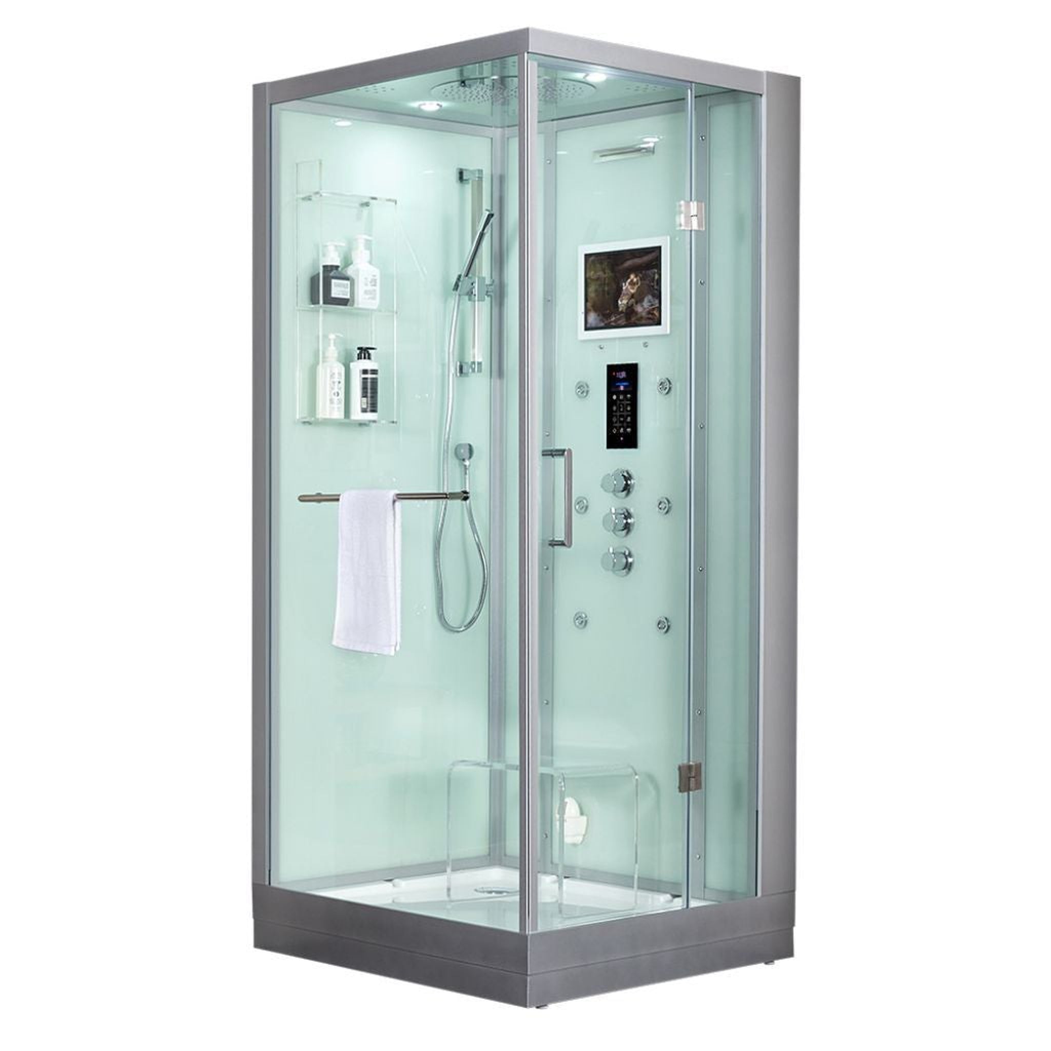 Maya Bath, Maya Bath Platinum Arezzo 37" x 37" x 88" 6-Jet Rectangle White Computerized Steam Shower Massage Bathtub With Sliding Door in Right Position