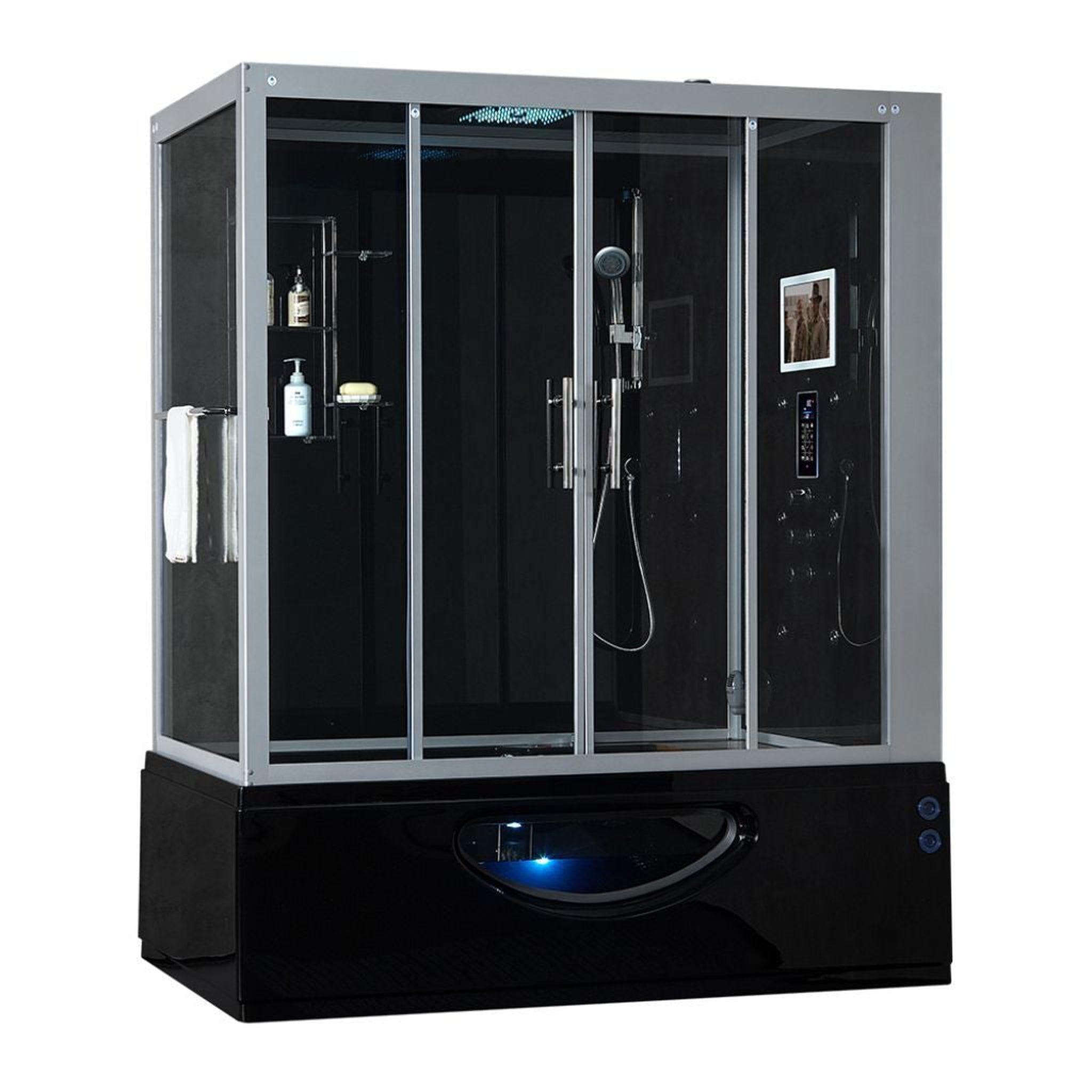 Maya Bath, Maya Bath Platinum Catania 71" x 38" x 88" 33-Jet Rectangle Black Computerized Steam Shower Massage Bathtub With Sliding Doors in Right Position