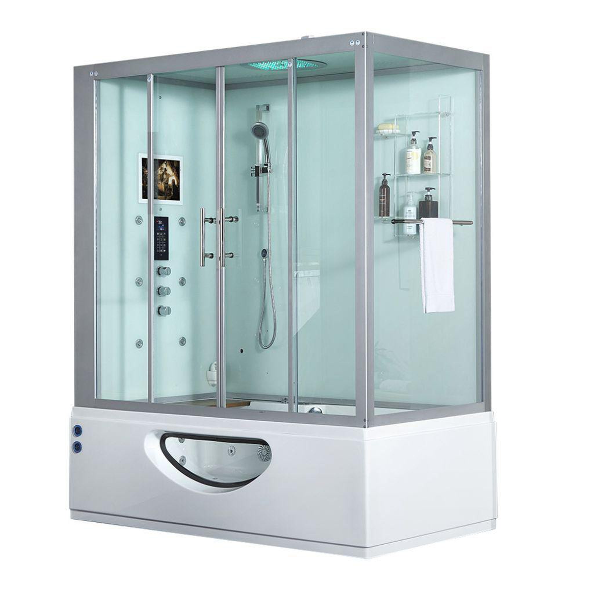 Maya Bath, Maya Bath Platinum Catania 71" x 38" x 88" 33-Jet Rectangle White Computerized Steam Shower Massage Bathtub With Sliding Doors in Left Position