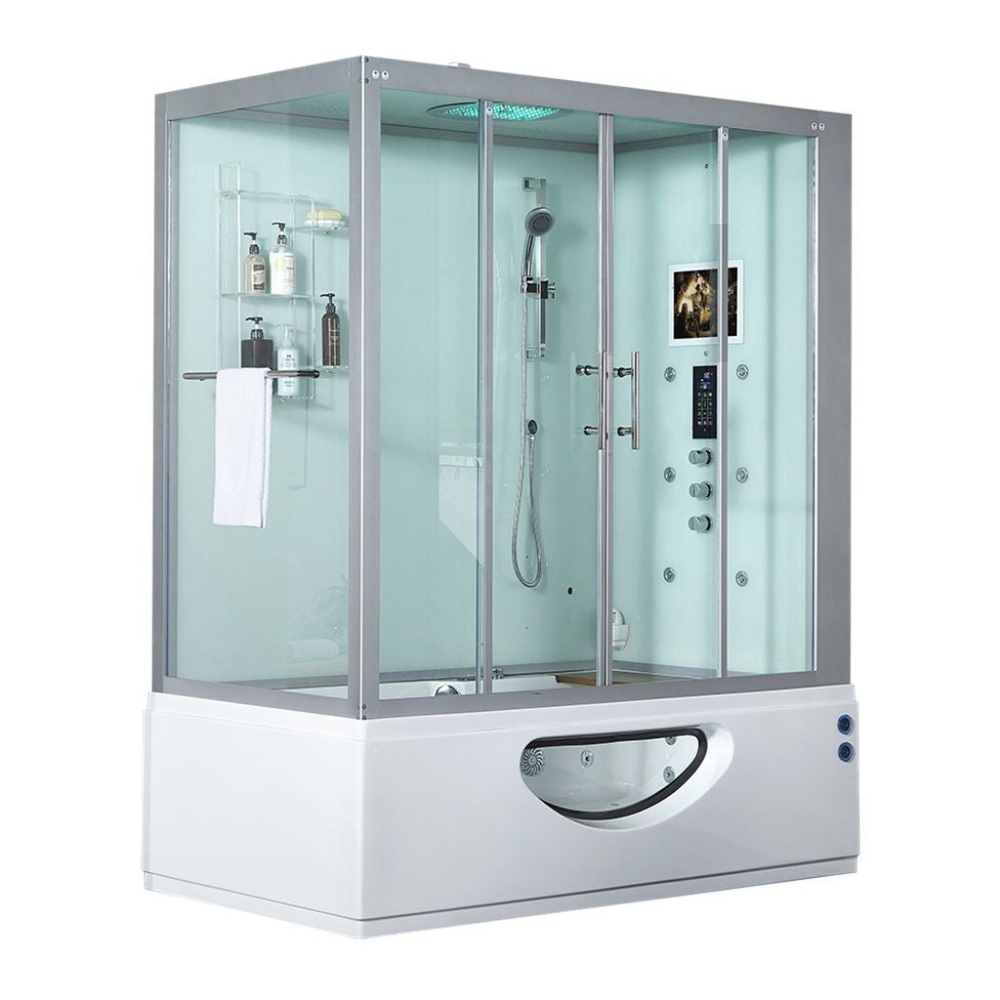 Maya Bath, Maya Bath Platinum Catania 71" x 38" x 88" 33-Jet Rectangle White Computerized Steam Shower Massage Bathtub With Sliding Doors in Right Position