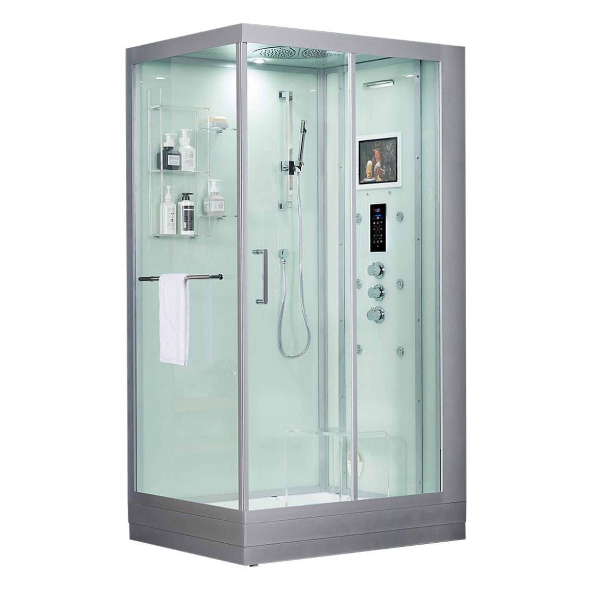 Maya Bath, Maya Bath Platinum Lucca 47" x 33" x 88" 6-Jet Rectangle White Computerized Steam Shower Massage Bathtub With Sliding Door in Right Position