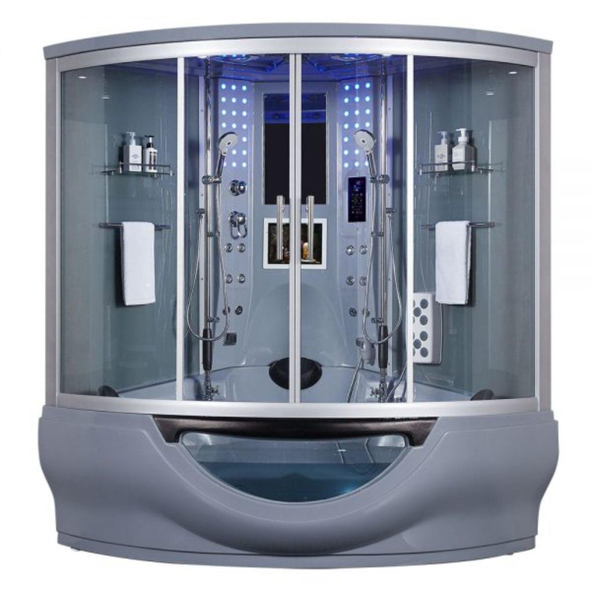 Maya Bath, Maya Bath Platinum Superior 64" x 64" x 88" 34-Jet Round Gray Computerized Steam Shower Massage Bathtub With Sliding Doors