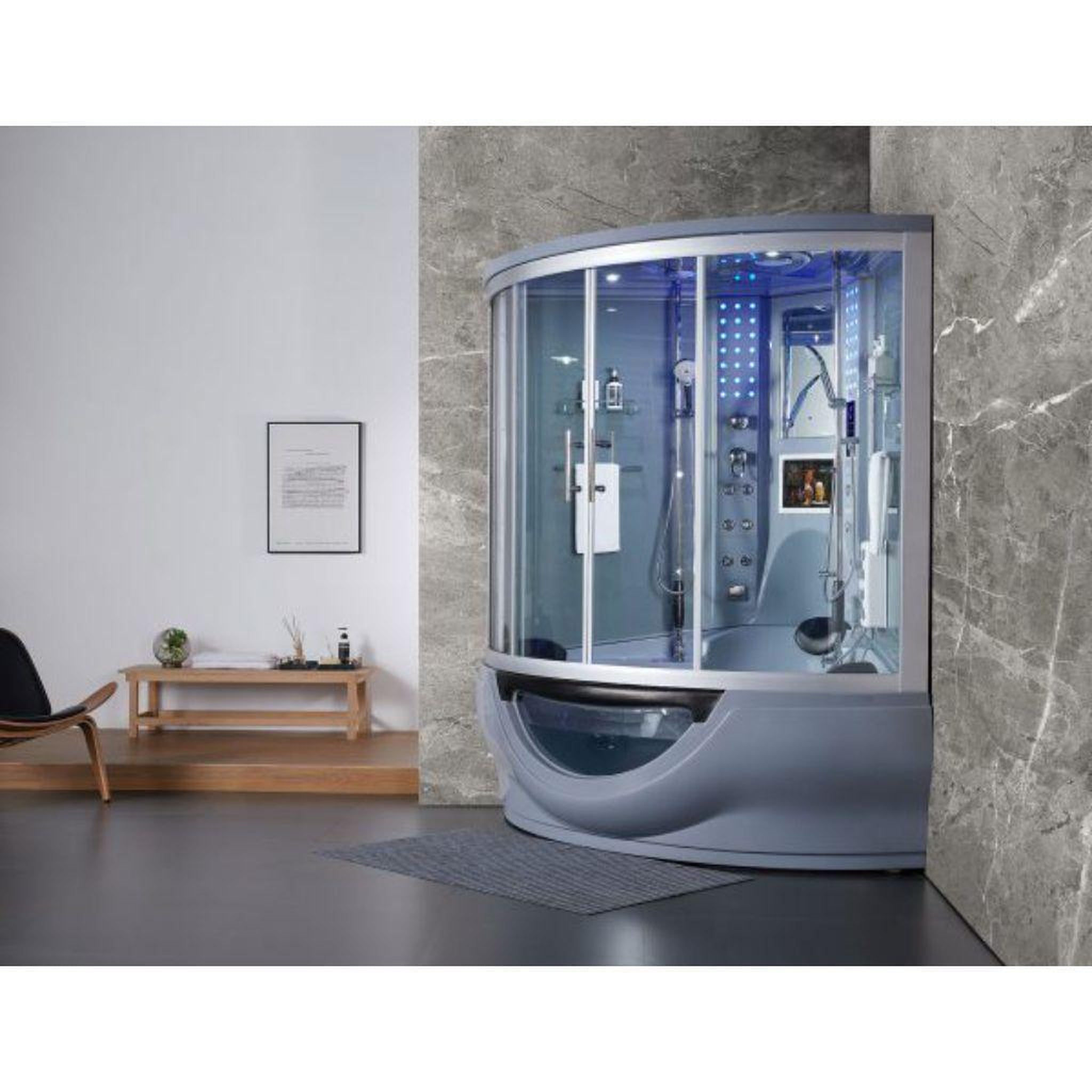 Maya Bath, Maya Bath Platinum Superior 64" x 64" x 88" 34-Jet Round Gray Computerized Steam Shower Massage Bathtub With Sliding Doors