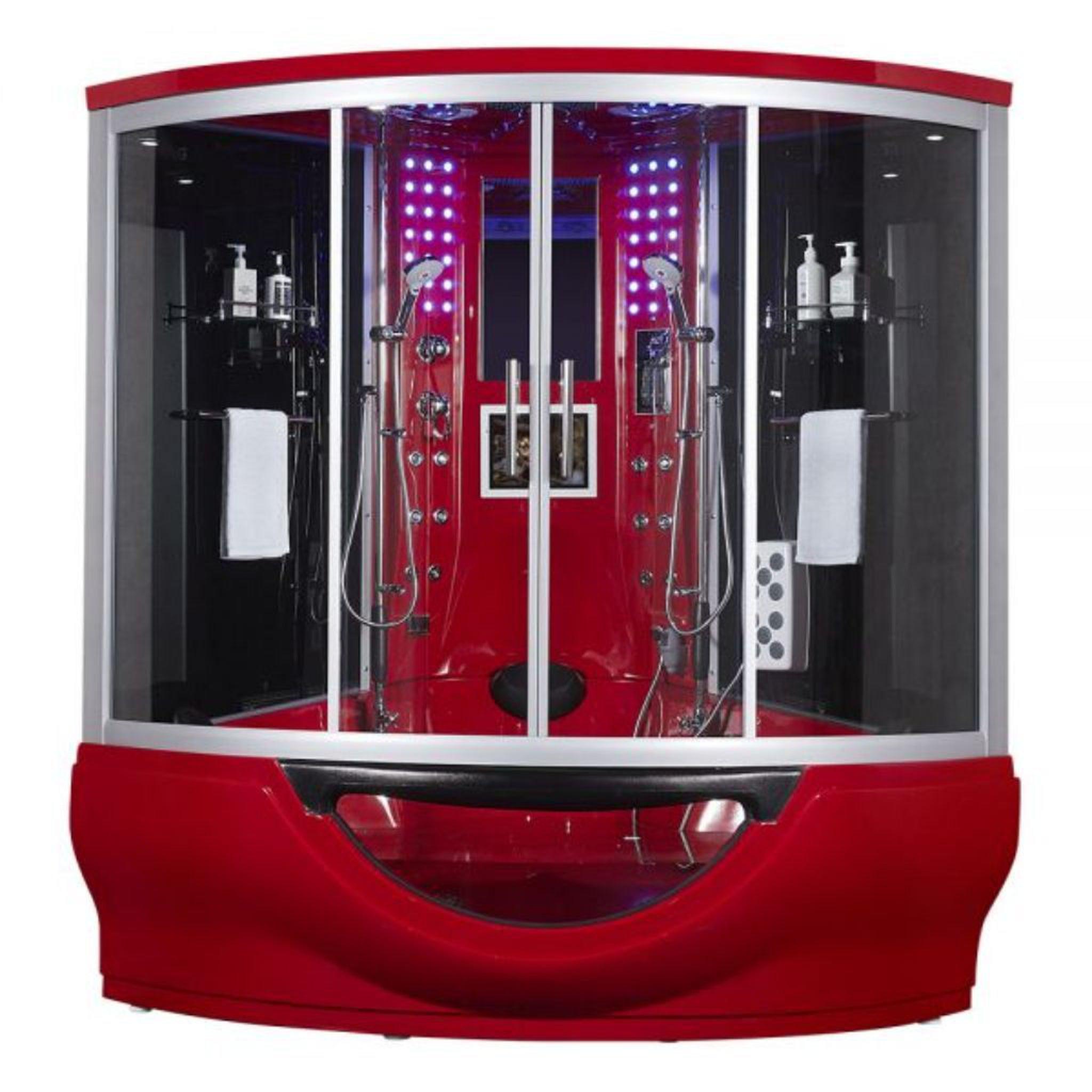 Maya Bath, Maya Bath Platinum Superior 64" x 64" x 88" 34-Jet Round Red Computerized Steam Shower Massage Bathtub With Sliding Doors