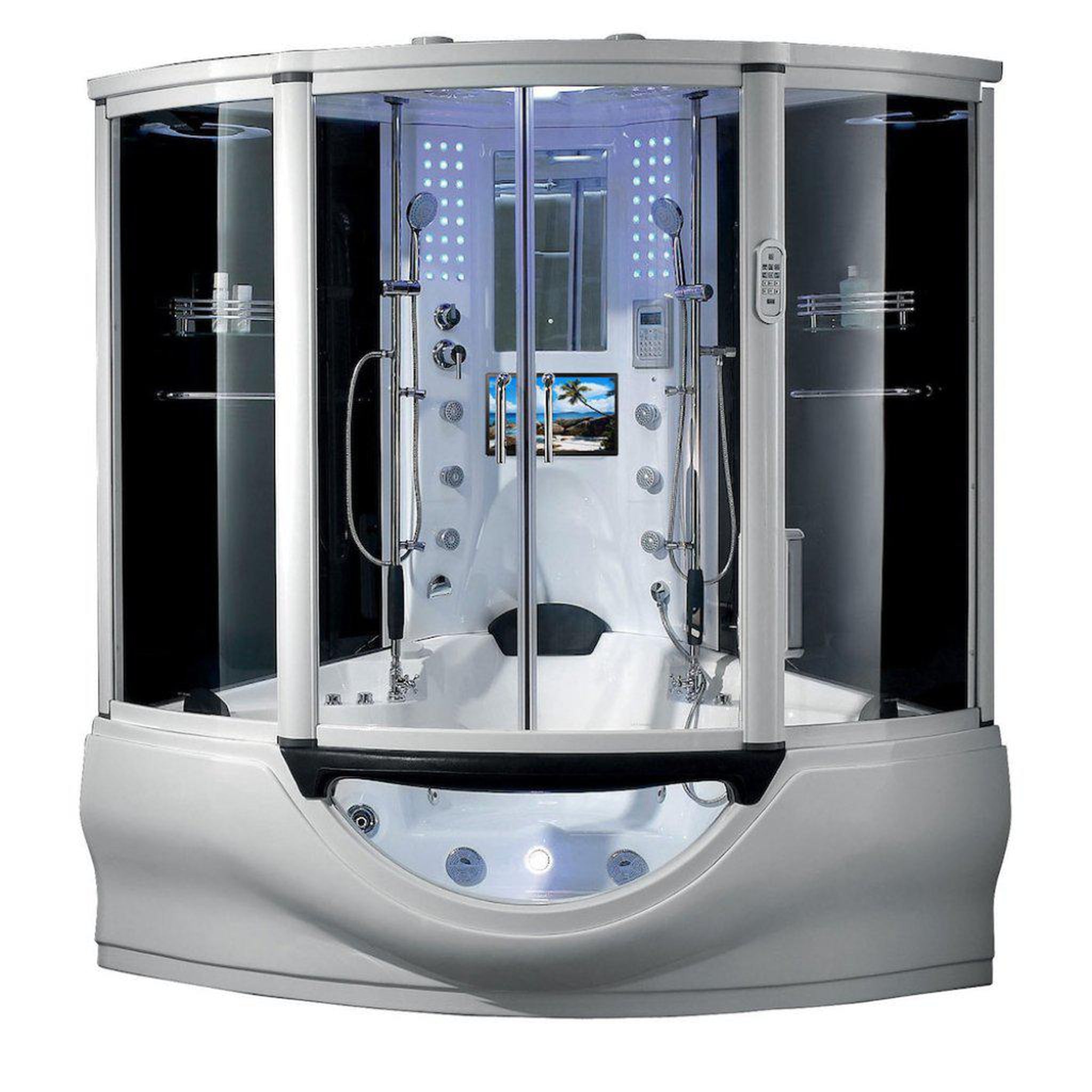 Maya Bath, Maya Bath Platinum Superior 64" x 64" x 88" 34-Jet Round White Computerized Steam Shower Massage Bathtub With Sliding Doors