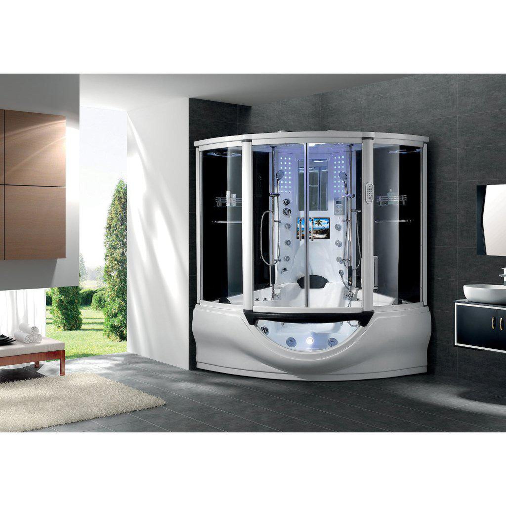 Maya Bath, Maya Bath Platinum Superior 64" x 64" x 88" 34-Jet Round White Computerized Steam Shower Massage Bathtub With Sliding Doors